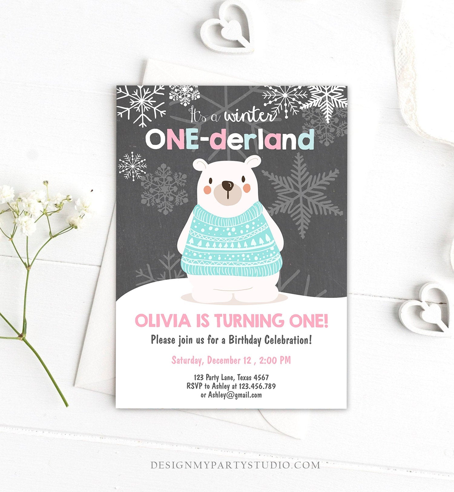 Editable Winter ONEderland Birthday Invitation 1st Birthday Girl Polar Bear Pink Download Printable Invitation Template Corjl 0022