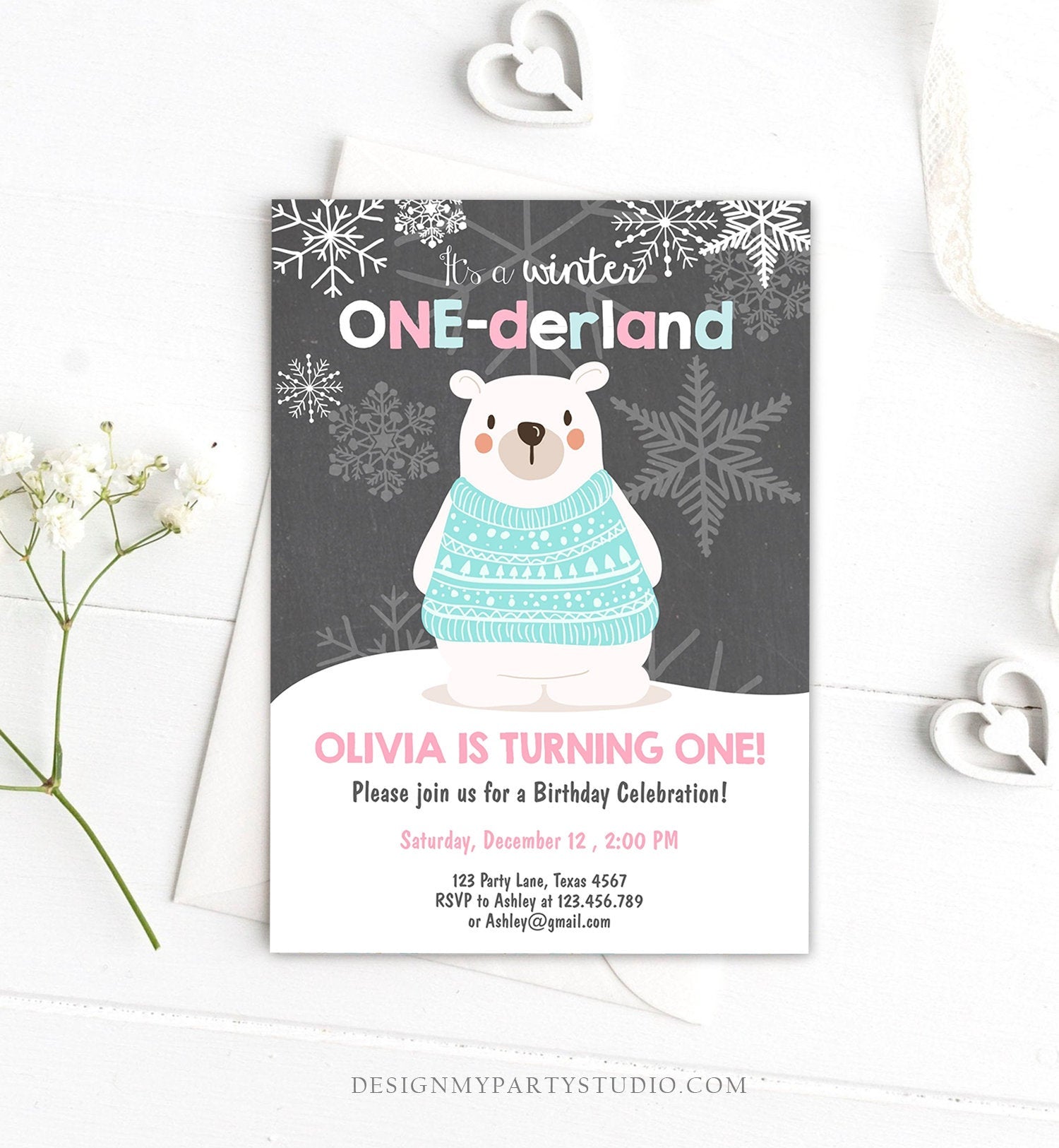 Editable Winter ONEderland Birthday Invitation 1st Birthday Girl Polar Bear Pink Download Printable Invitation Template Corjl 0022