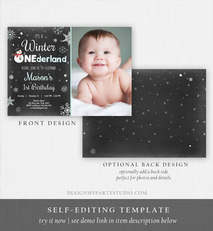 Editable Winter ONEderland Birthday Invitation 1st Birthday Snowman Boy Mint Blue Download Printable Invite Template Corjl Digital 0022