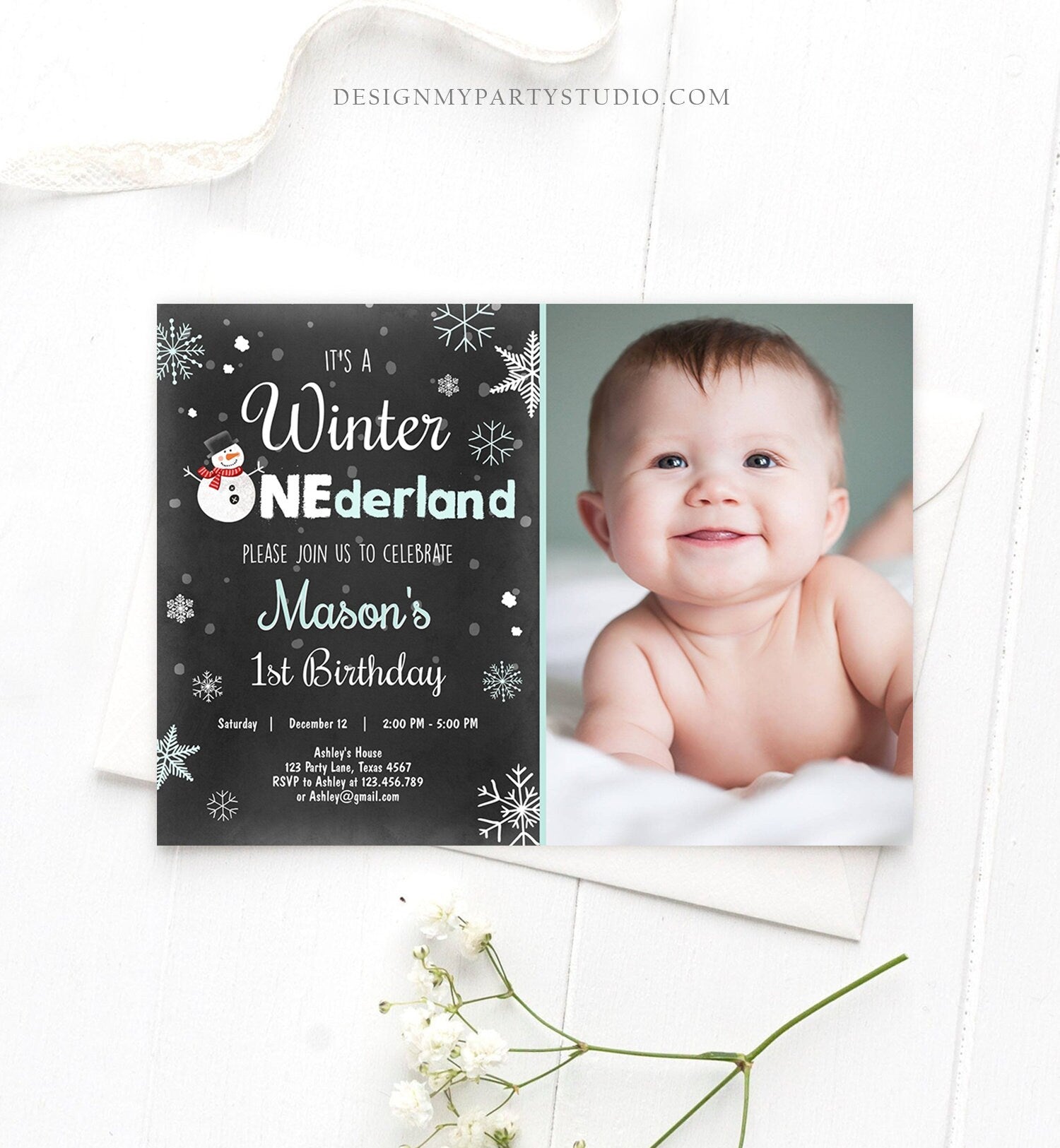 Editable Winter ONEderland Birthday Invitation 1st Birthday Snowman Boy Mint Blue Download Printable Invite Template Corjl Digital 0022