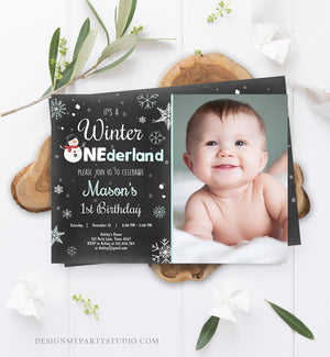 Editable Winter ONEderland Birthday Invitation 1st Birthday Snowman Boy Mint Blue Download Printable Invite Template Corjl Digital 0022