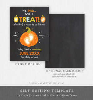 Editable Pumpkin Pregnancy Announcement Halloween Trick or Treat Little Feet Thanksgiving Fall Autumn Download Corjl Template Printable 0312
