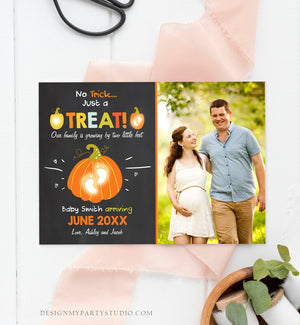 Editable Pumpkin Pregnancy Announcement Halloween Trick or Treat Little Feet Thanksgiving Fall Autumn Download Corjl Template Printable 0312