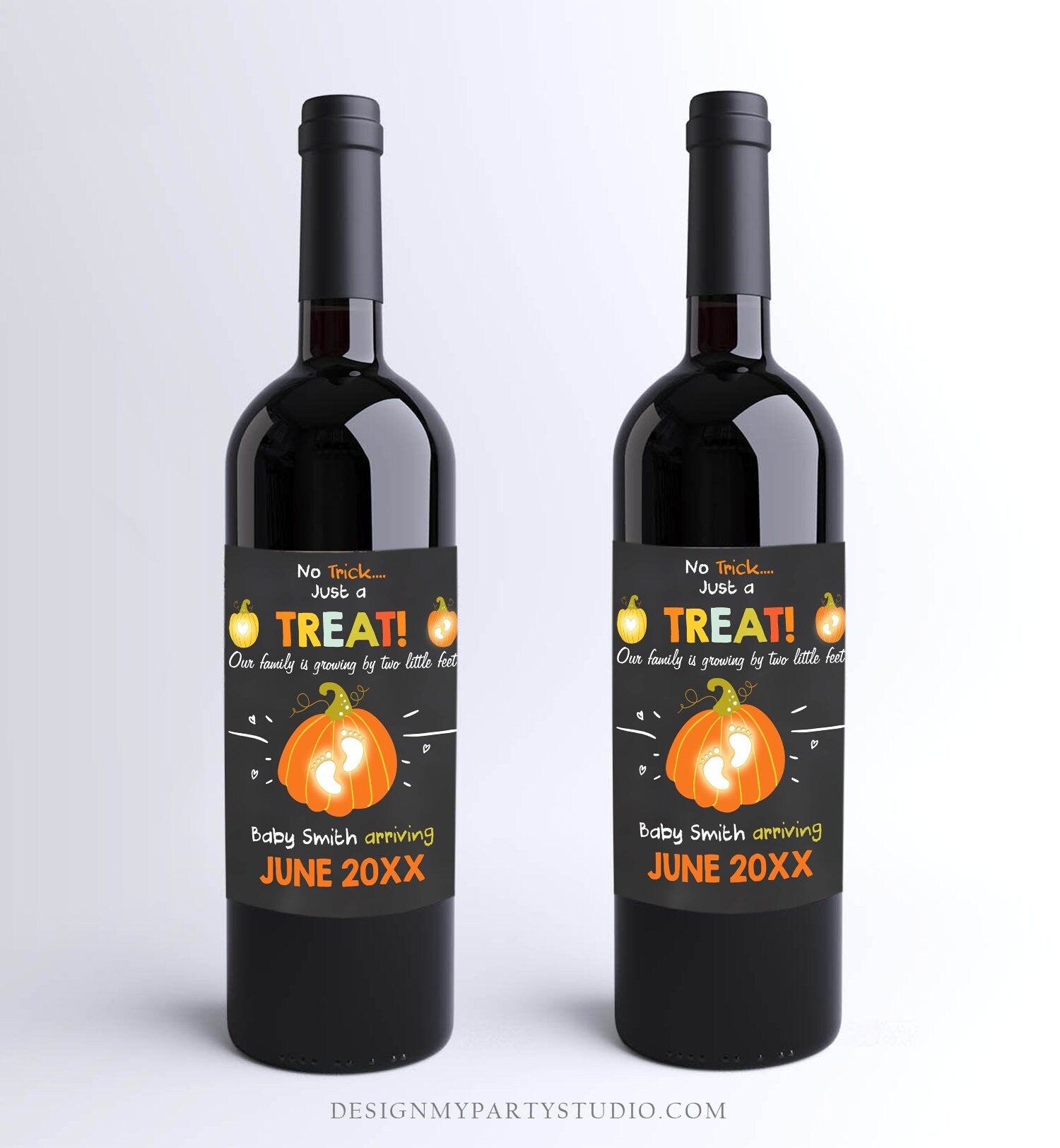 Editable Pumpkin Wine Bottle Label Pregnancy Announcement Halloween Trick or Treat Little Feet Thanksgiving Fall Autumn Corjl Template 0312