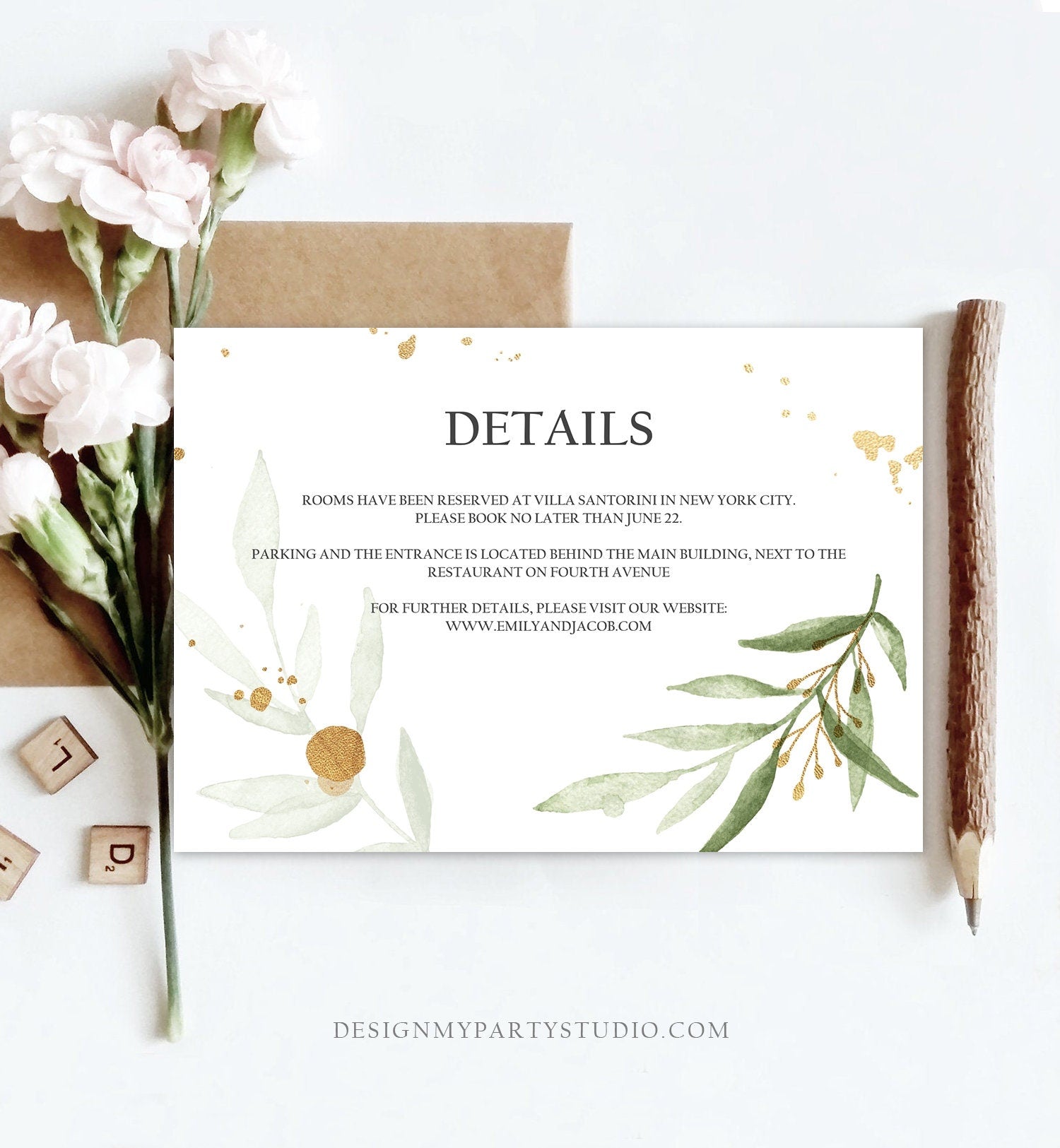 Editable Gold Greenery Details Card Wedding Enclosure Card Insert Card Boho Bohemian Wedding Information Gold Leaves Corjl Template 0168