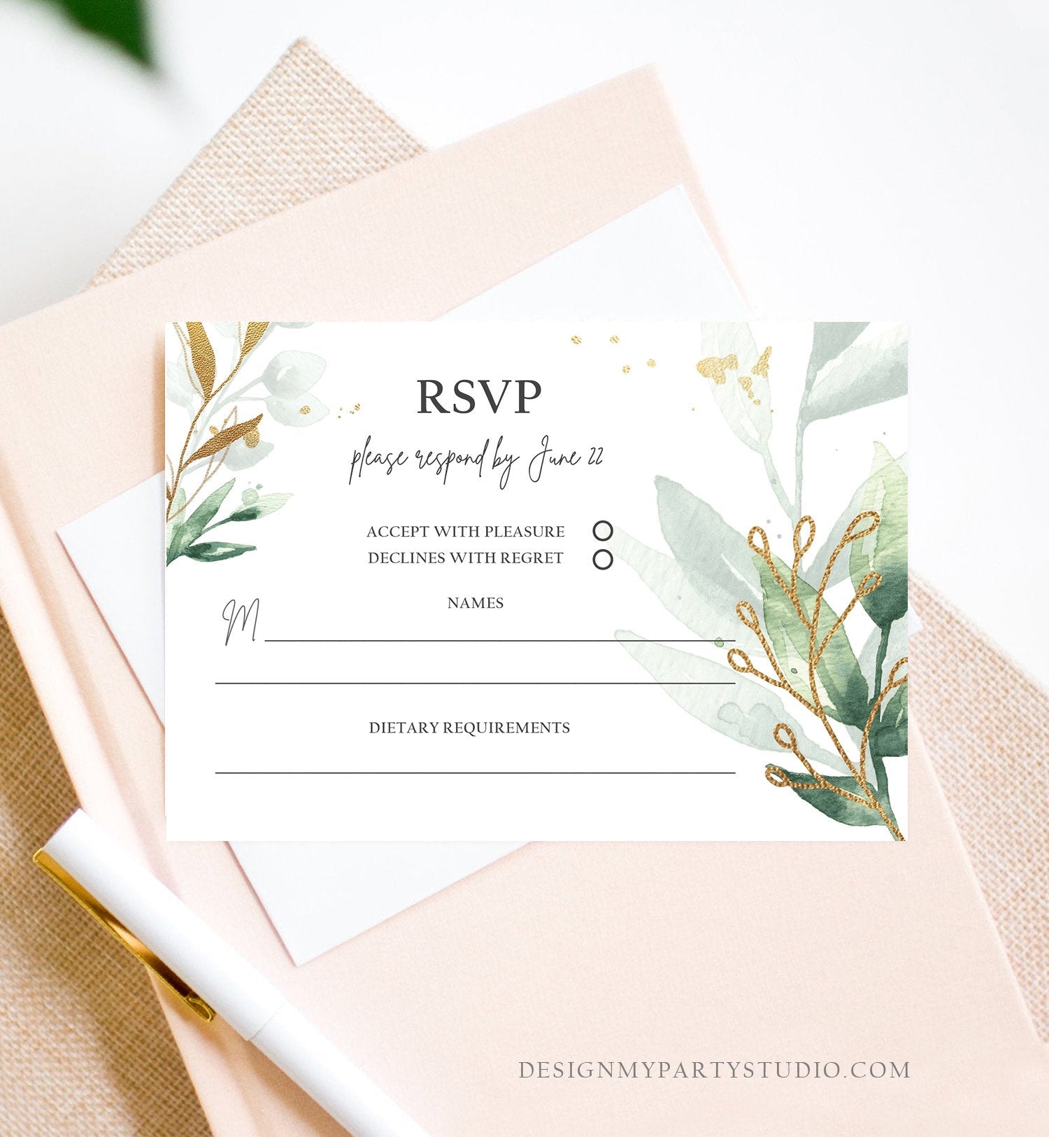 Editable Gold Greenery RSVP Card Wedding Response Card Insert Card Boho Bohemian Wedding Information Gold Leaves Corjl Template 0168