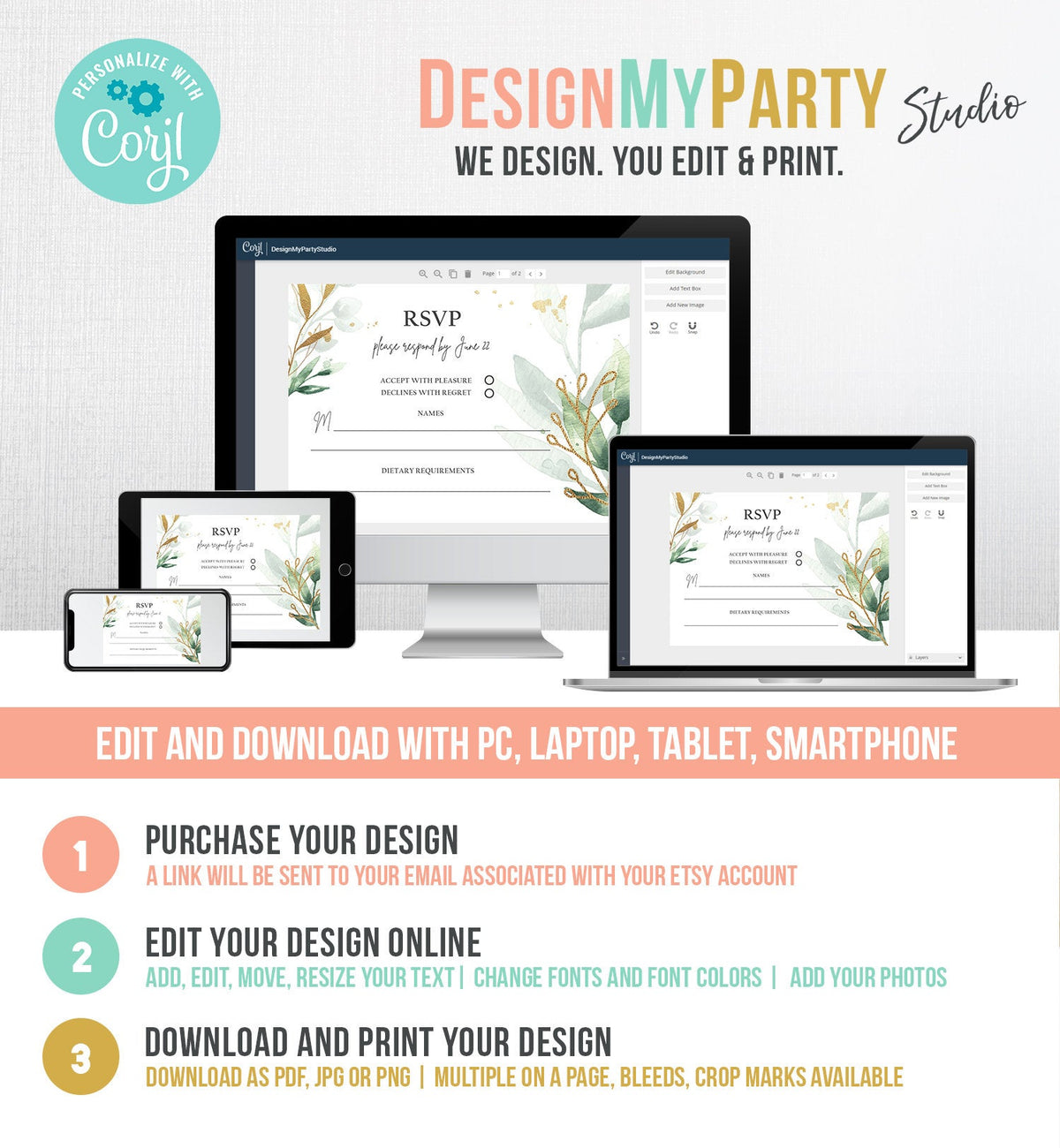 Editable Gold Greenery RSVP Card Wedding Response Card Insert Card Boho Bohemian Wedding Information Gold Leaves Corjl Template 0168