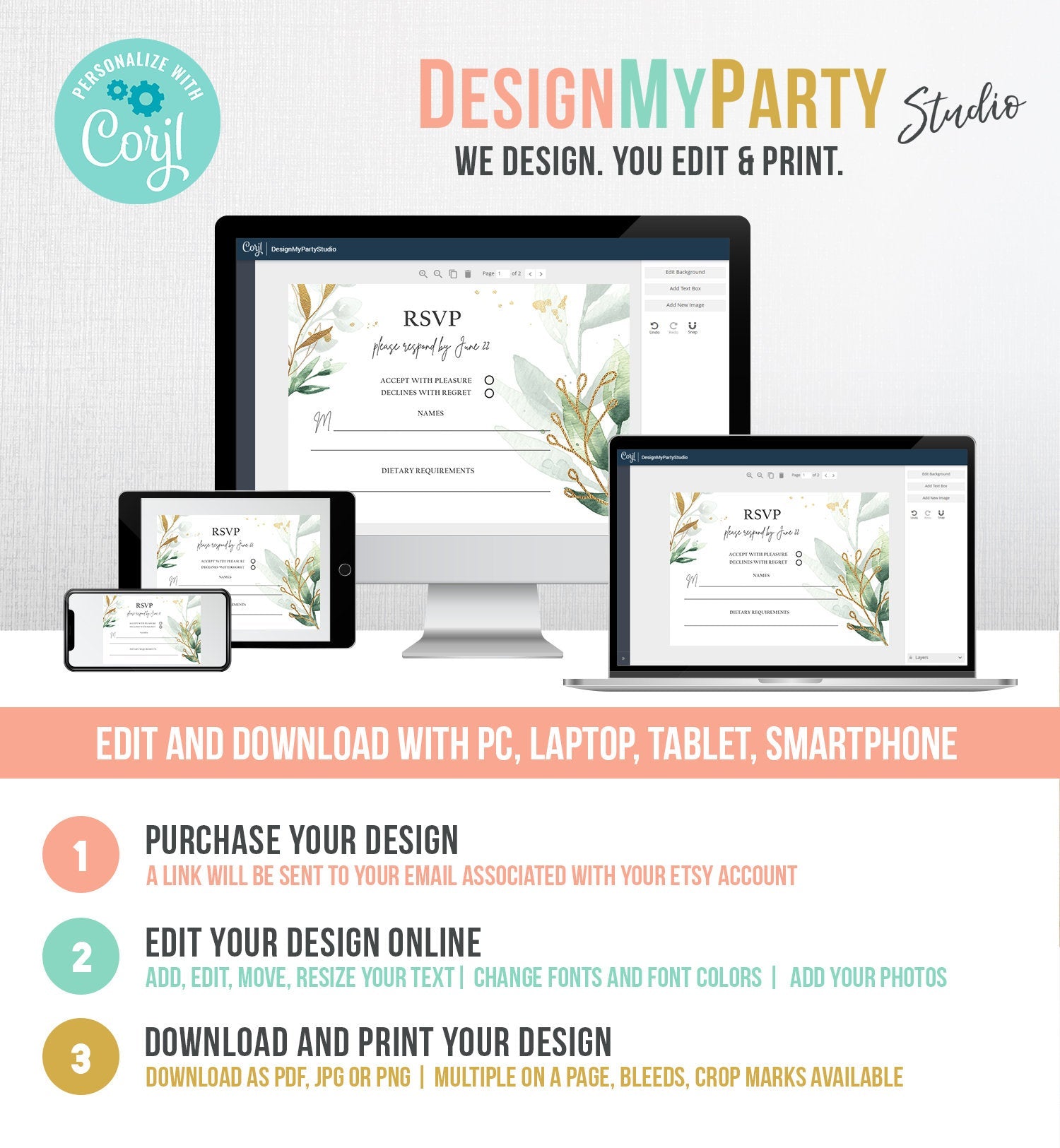 Editable Gold Greenery RSVP Card Wedding Response Card Insert Card Boho Bohemian Wedding Information Gold Leaves Corjl Template 0168