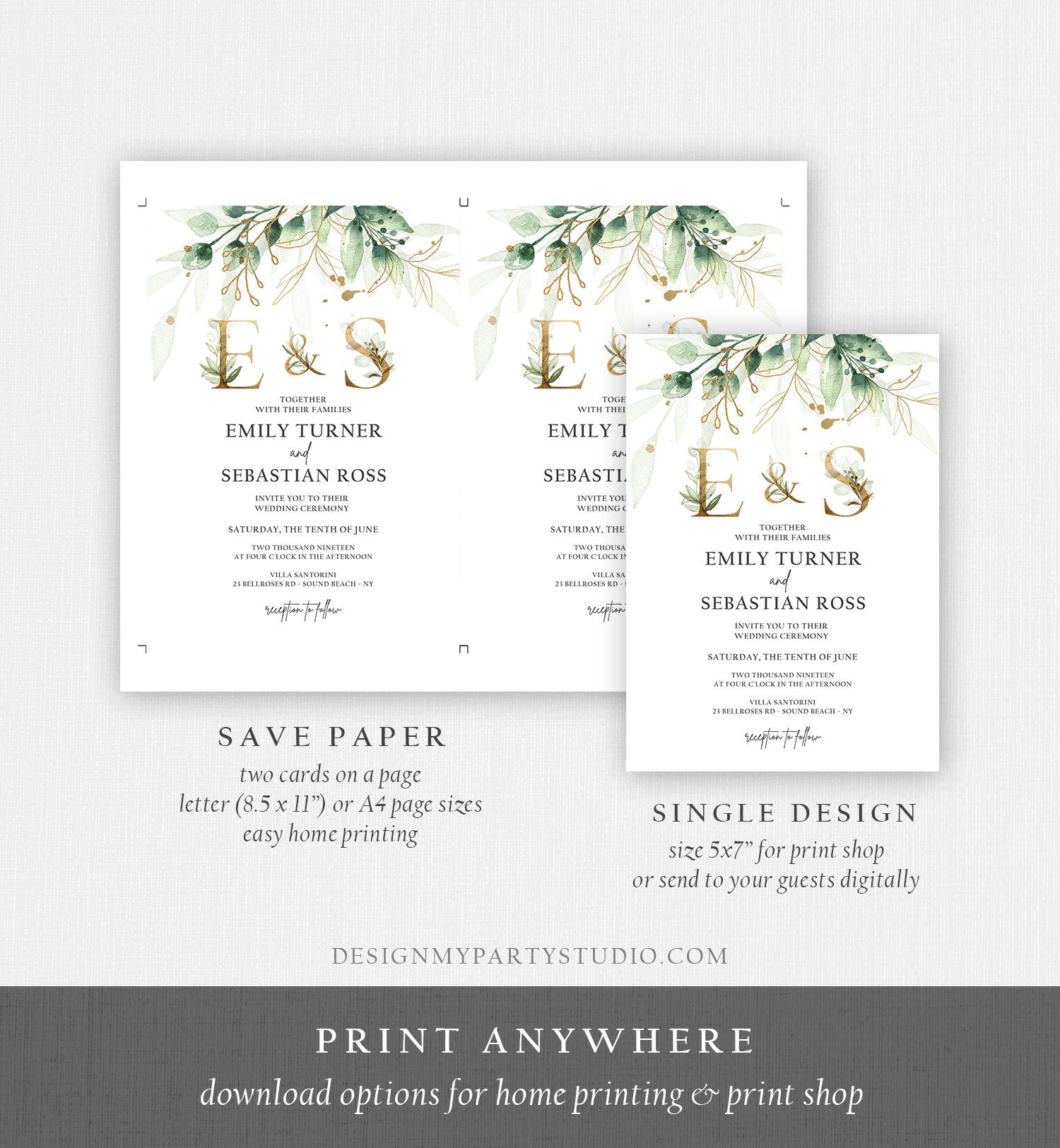 Editable Gold Greenery Monogram Wedding Invitation Bohemian Pink Green Floral Gold Leaves Botanical Flowers Corjl Template Printable 0168