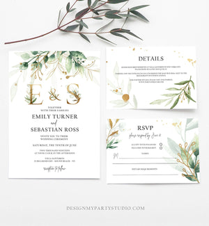 Editable Gold Greenery Wedding Invitation Suite Set Watercolor Boho Gold Leaves Botanical Bohemian Monogram Digital Corjl Printable 0168