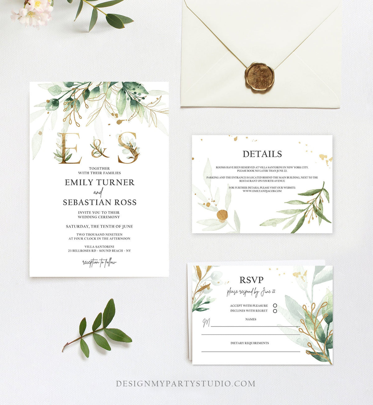 Editable Gold Greenery Wedding Invitation Suite Set Watercolor Boho Gold Leaves Botanical Bohemian Monogram Digital Corjl Printable 0168