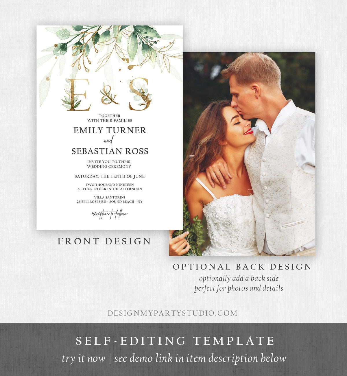 Editable Gold Greenery Wedding Invitation Suite Set Watercolor Boho Gold Leaves Botanical Bohemian Monogram Digital Corjl Printable 0168