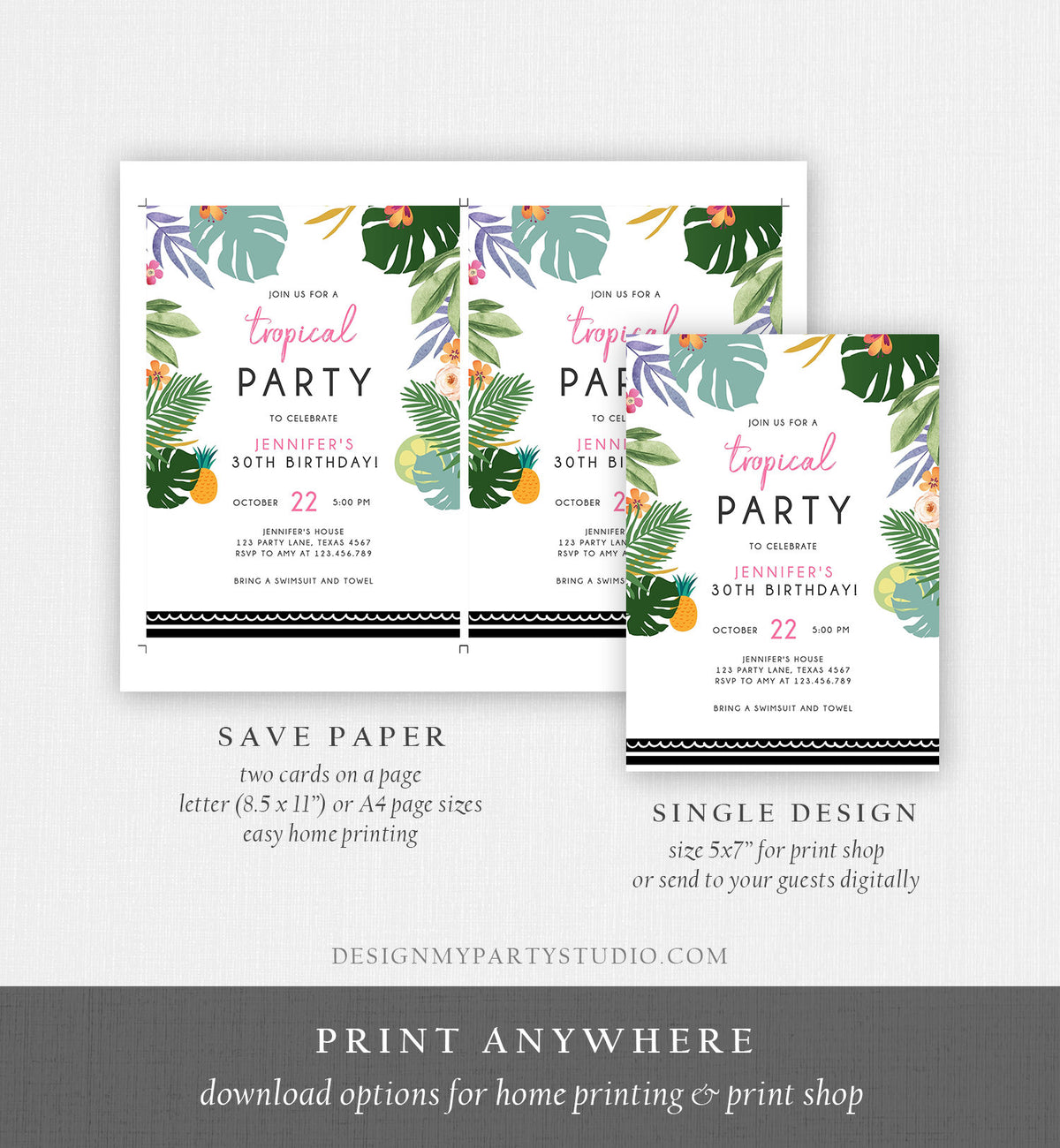 Editable Tropical Birthday Invitation Tropical Party Adult 30th 40th Birthday Pink Woman Palm Leaves Hawaiian Printable Template Corjl 0183