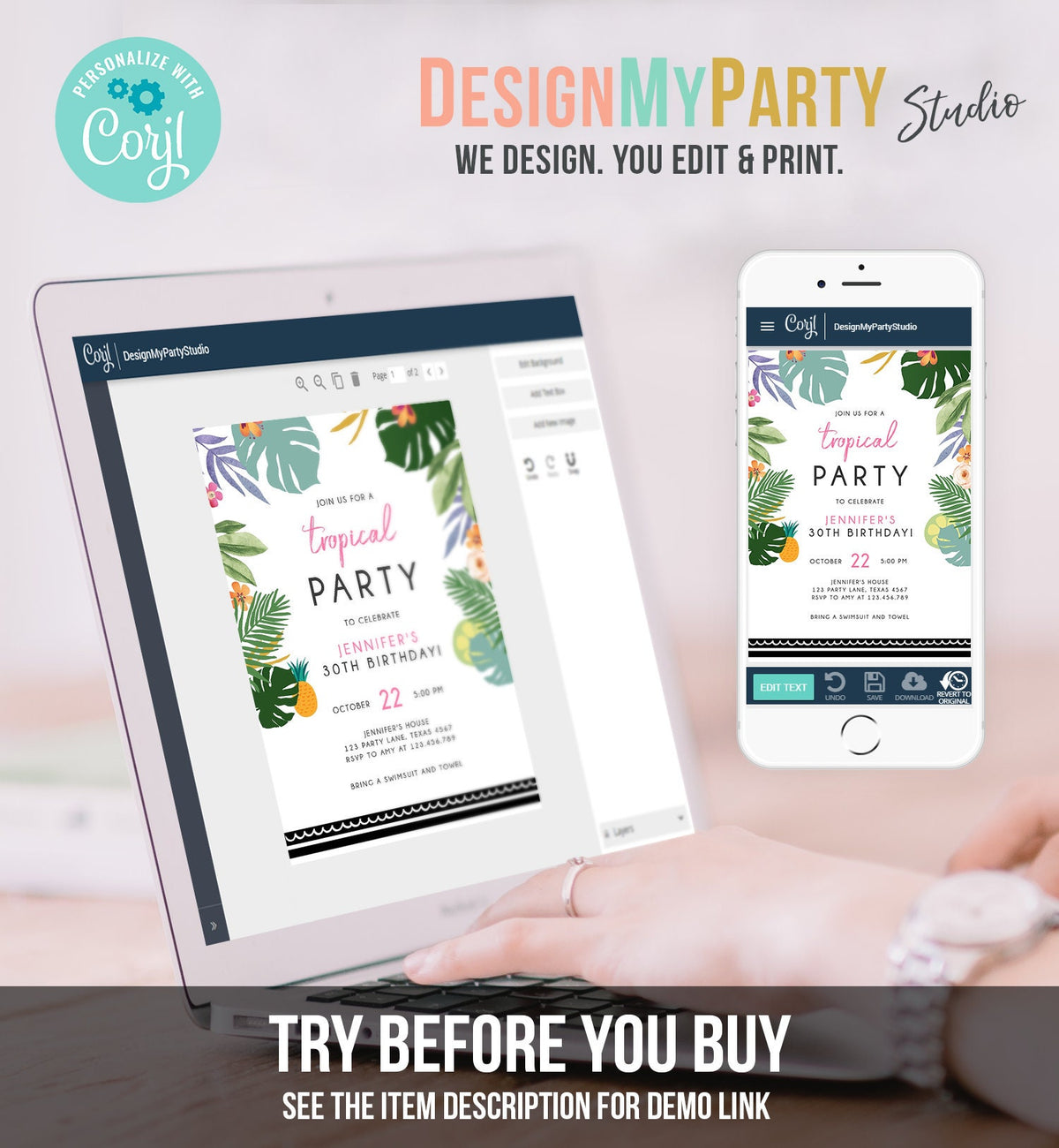 Editable Tropical Birthday Invitation Tropical Party Adult 30th 40th Birthday Pink Woman Palm Leaves Hawaiian Printable Template Corjl 0183