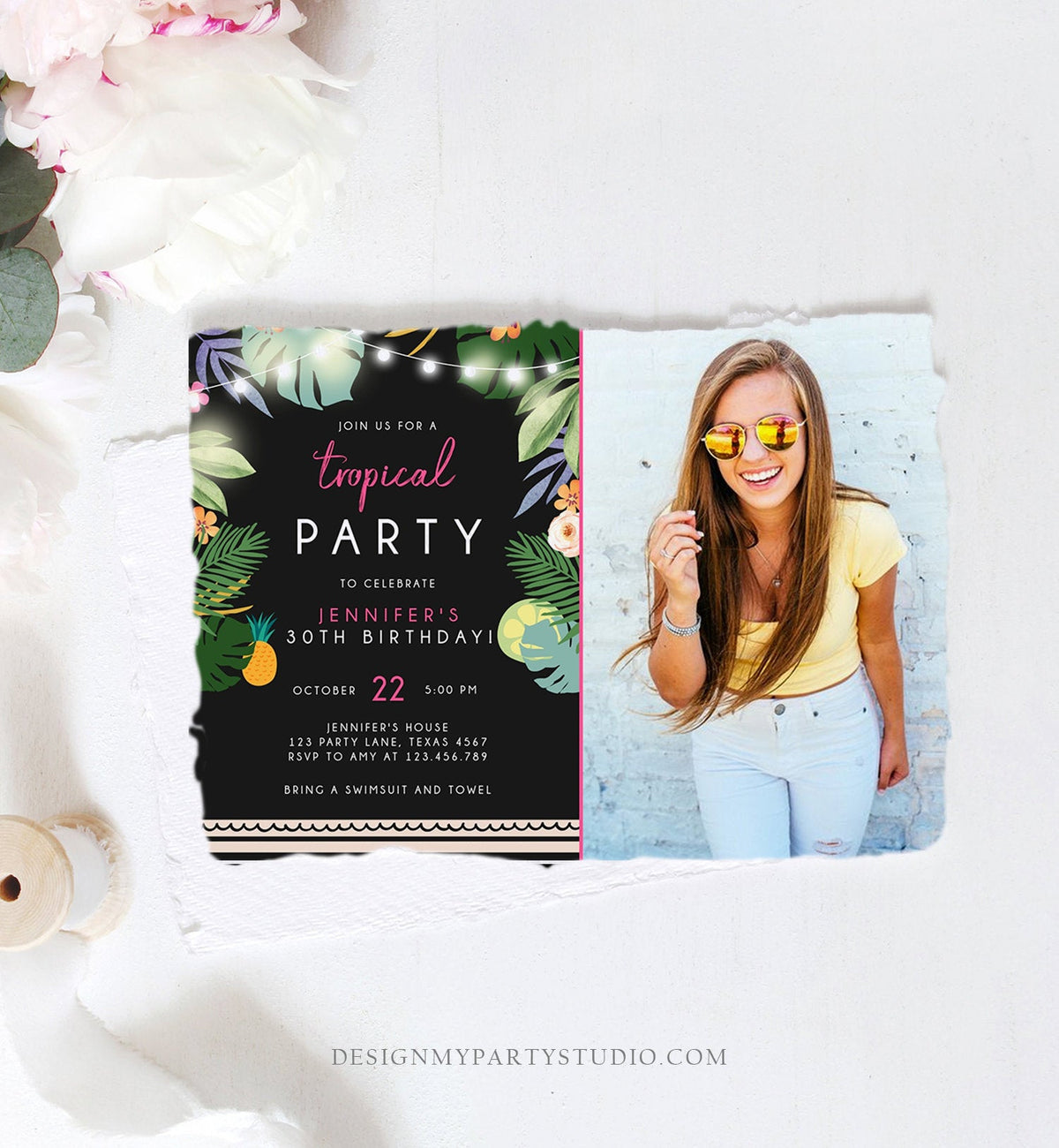 Editable Tropical Birthday Invitation Tropical Party Adult 30th 40th Birthday Pink Woman Palm Leaves Hawaiian Printable Template Corjl 0183