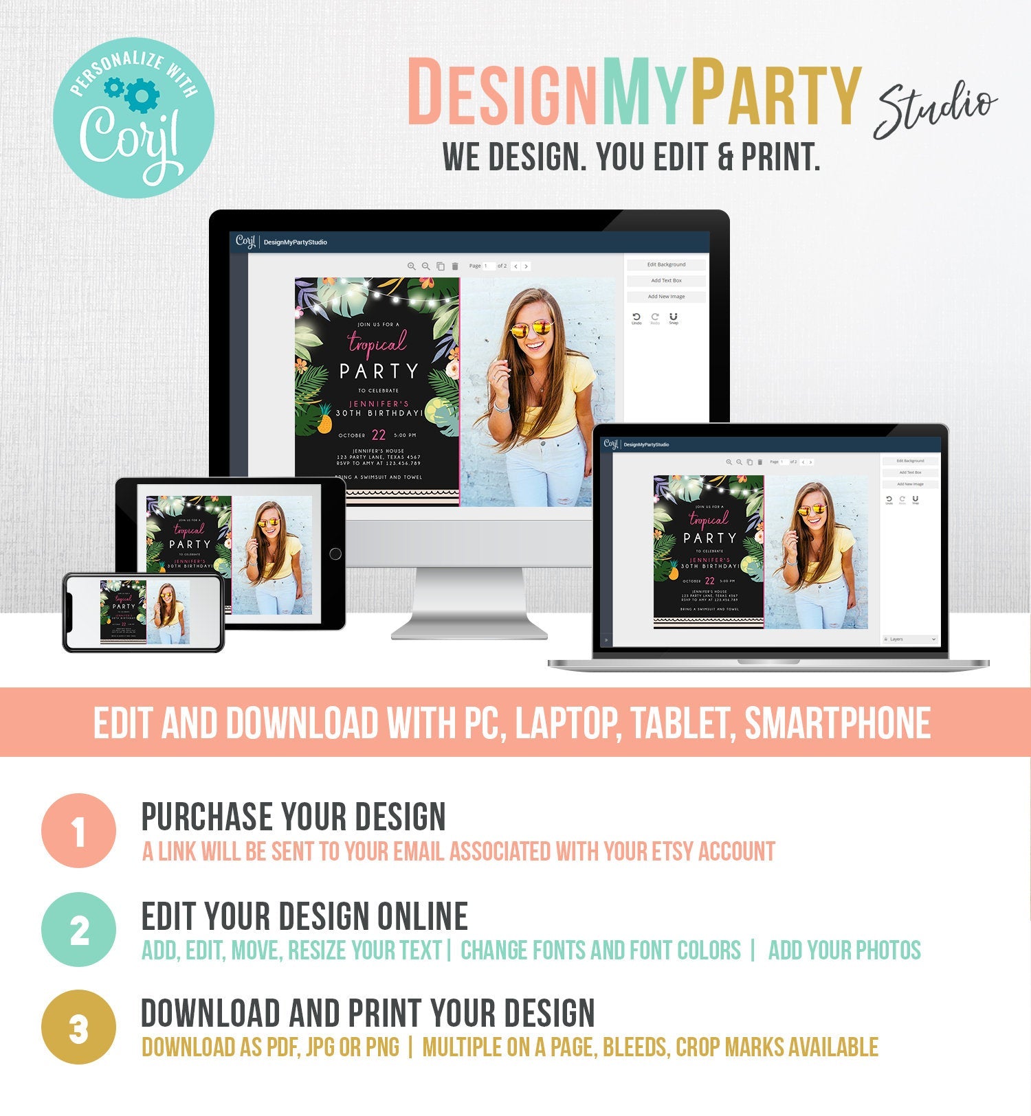 Editable Tropical Birthday Invitation Tropical Party Adult 30th 40th Birthday Pink Woman Palm Leaves Hawaiian Printable Template Corjl 0183