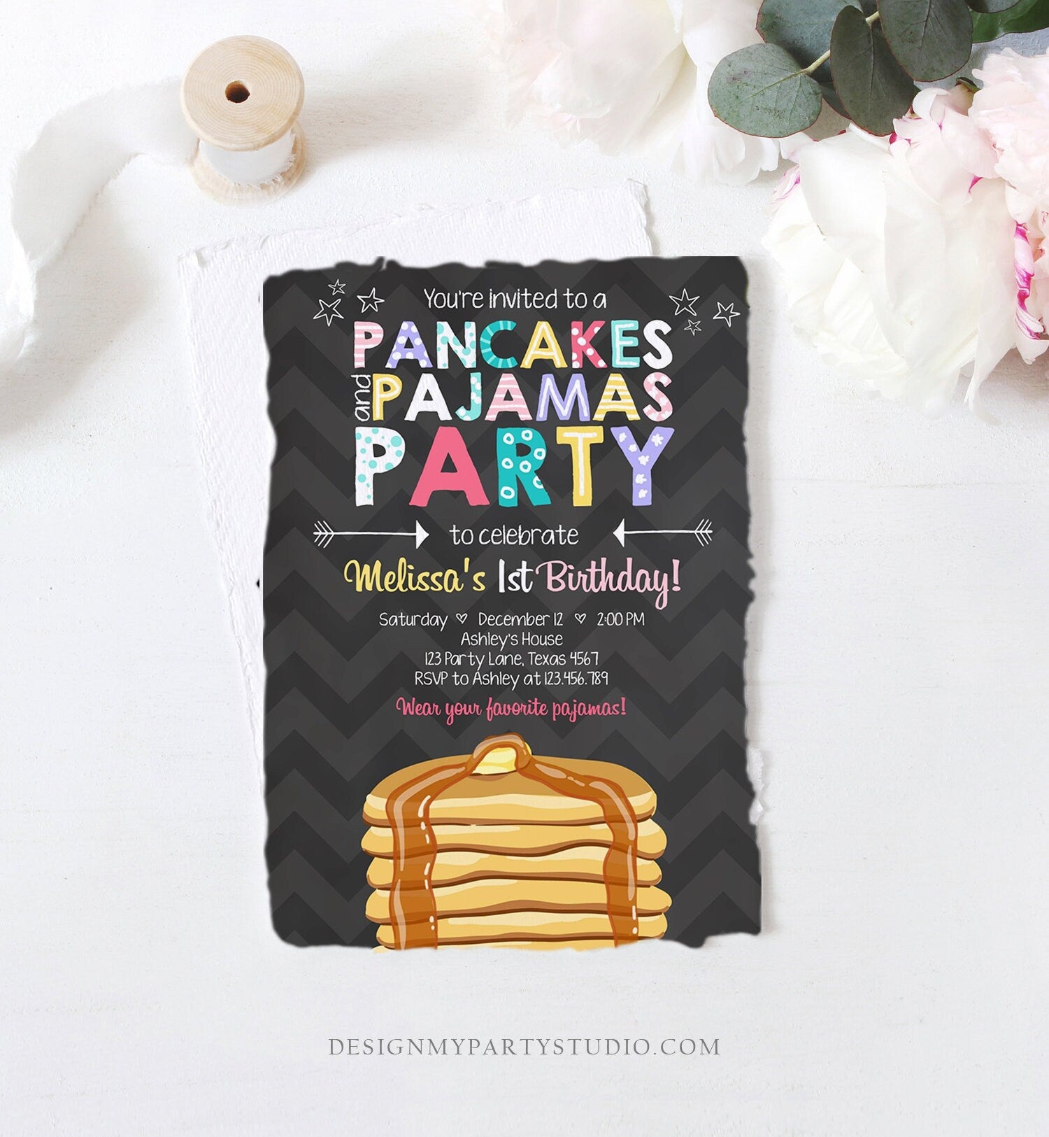 Editable Pancakes and Pajamas Birthday Invitation Girl Birthday Sleepover Pajama PJ Party Pink Download Corjl Template Printable 0313