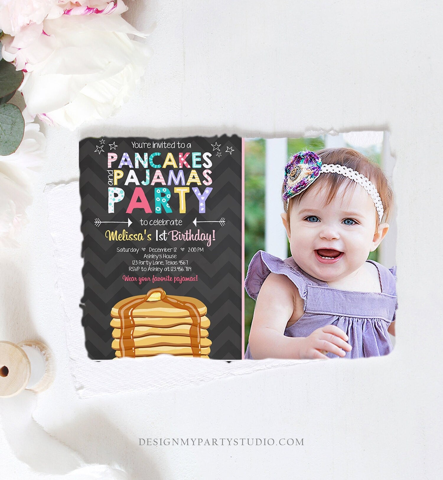 Editable Pancakes and Pajamas Birthday Invitation Girl Birthday Sleepover Pajama PJ Party Pink Photo Download Corjl Template Printable 0313