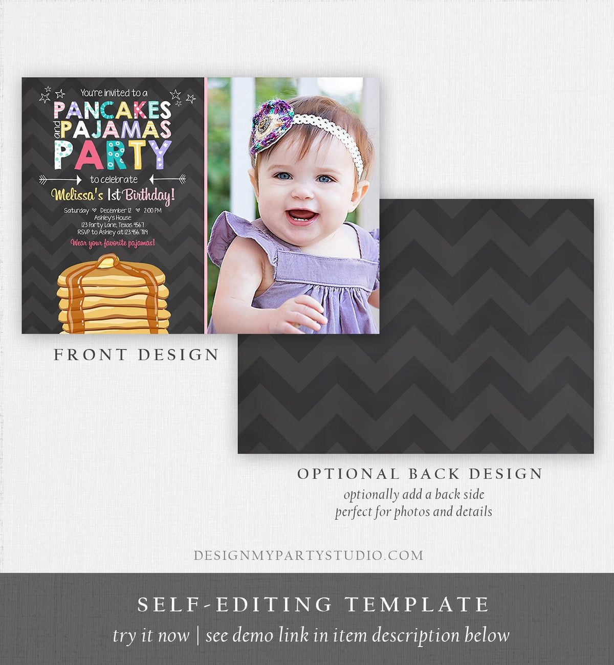 Editable Pancakes and Pajamas Birthday Invitation Girl Birthday Sleepover Pajama PJ Party Pink Photo Download Corjl Template Printable 0313