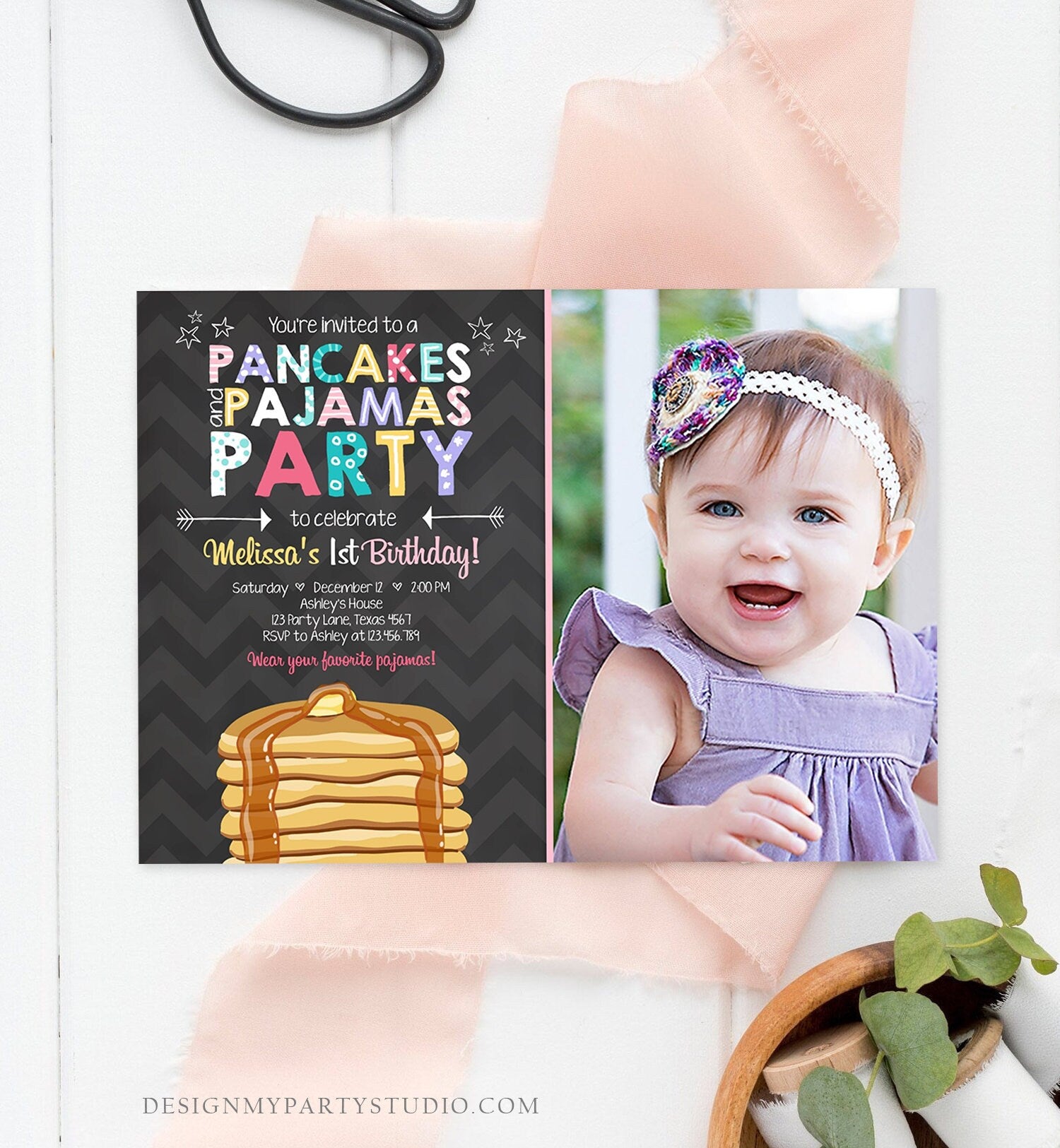 Editable Pancakes and Pajamas Birthday Invitation Girl Birthday Sleepover Pajama PJ Party Pink Photo Download Corjl Template Printable 0313