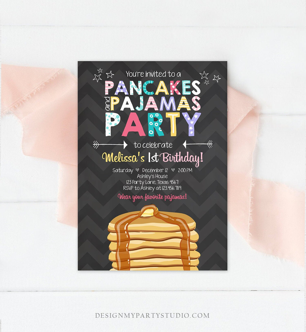 Editable Pancakes and Pajamas Birthday Invitation Girl Birthday Sleepover Pajama PJ Party Pink Download Corjl Template Printable 0313