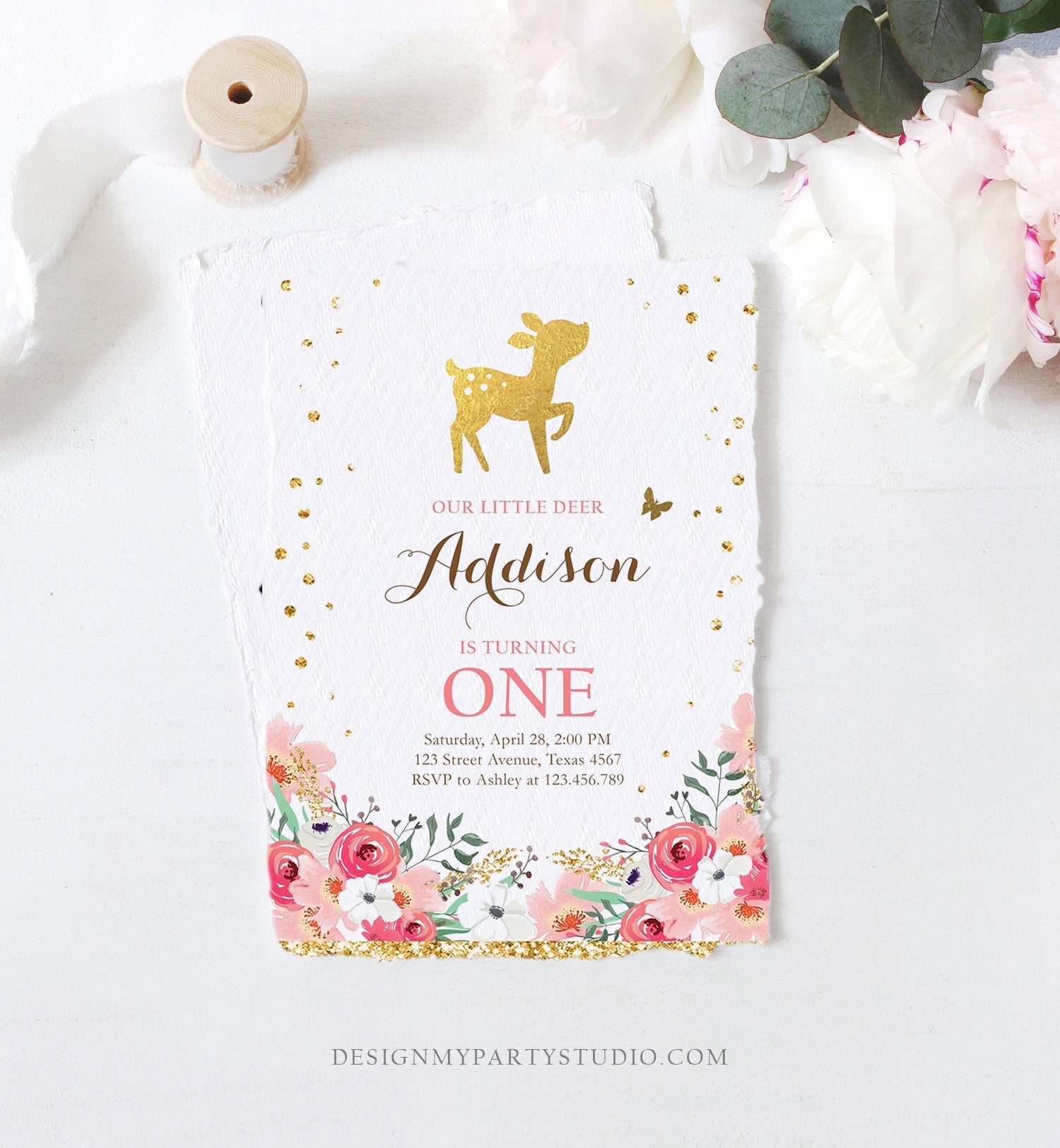 Editable Little Deer Birthday Invitation Pink Gold Girl First Birthday 1st Antler Woodland Digital Download Corjl Template Printable 0060