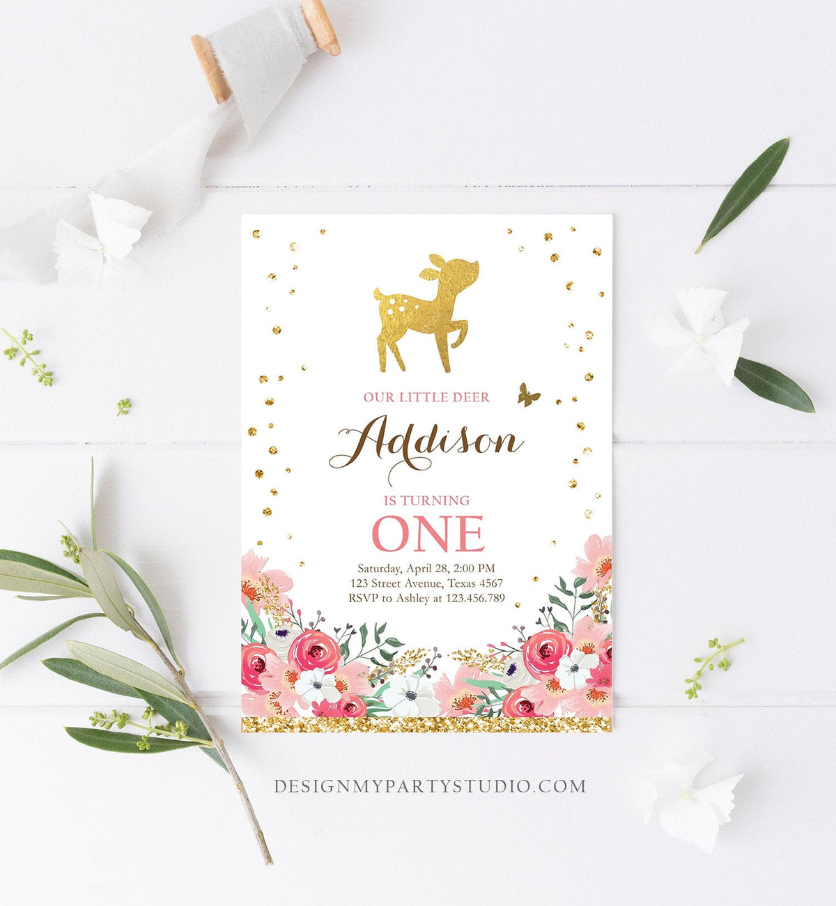 Editable Little Deer Birthday Invitation Pink Gold Girl First Birthday 1st Antler Woodland Digital Download Corjl Template Printable 0060