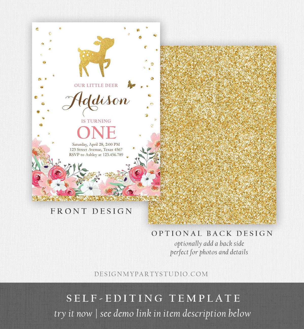 Editable Little Deer Birthday Invitation Pink Gold Girl First Birthday 1st Antler Woodland Digital Download Corjl Template Printable 0060