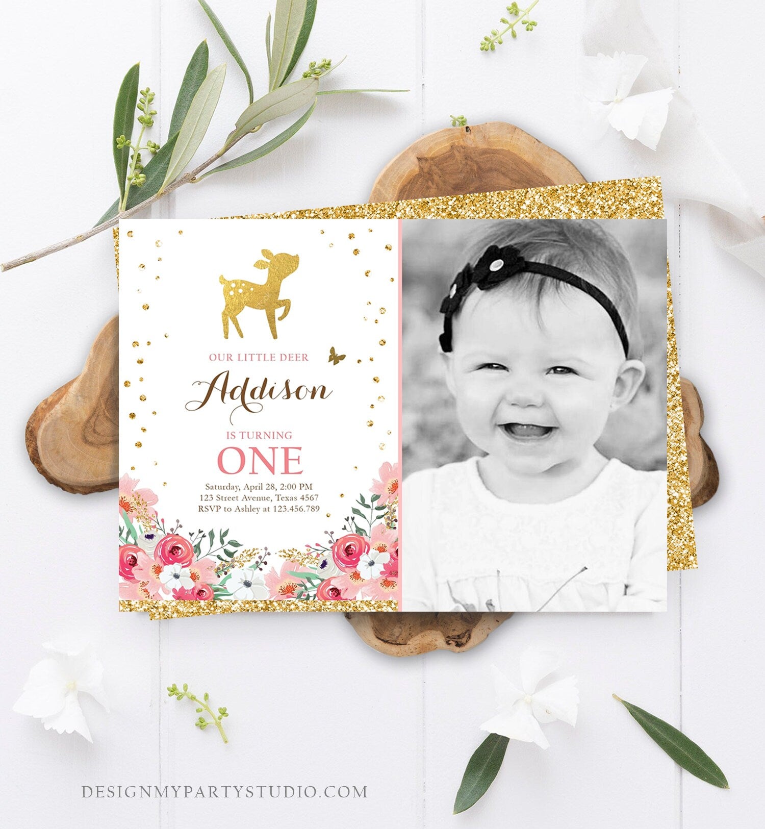 Editable Little Deer Birthday Invitation Pink Gold Girl First Birthday 1st Antler Woodland Digital Download Corjl Template Printable 0060