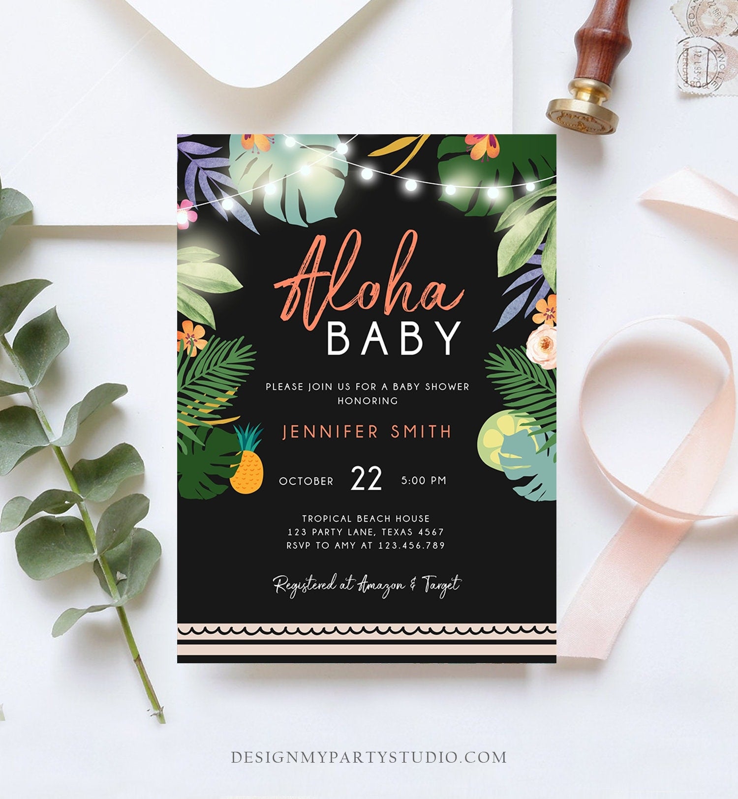 Editable Tropical Baby Shower Invitation Oh Baby Aloha Coed Shower Party Sprinkle Luau Palm Hawaiian Beach Corjl Template Printable 0183