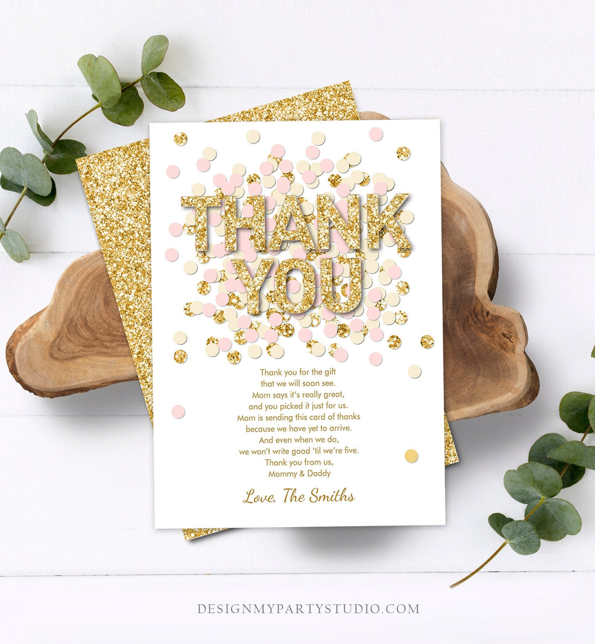 Editable Confetti Thank You Card Baby Shower Birthday Thank You Note Pink Gold Glitter Girl Download Corjl Template Printable 0114