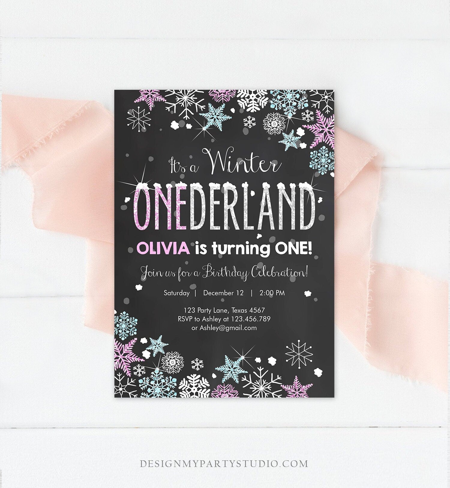 Editable Winter ONEderland Birthday Invitation Pink Girl First Birthday 1st Winter Little Snowflake Mint Blue Corjl Template Printable 0033