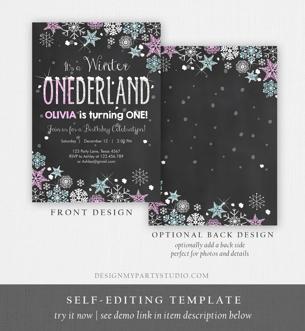 Editable Winter ONEderland Birthday Invitation Pink Girl First Birthday 1st Winter Little Snowflake Mint Blue Corjl Template Printable 0033