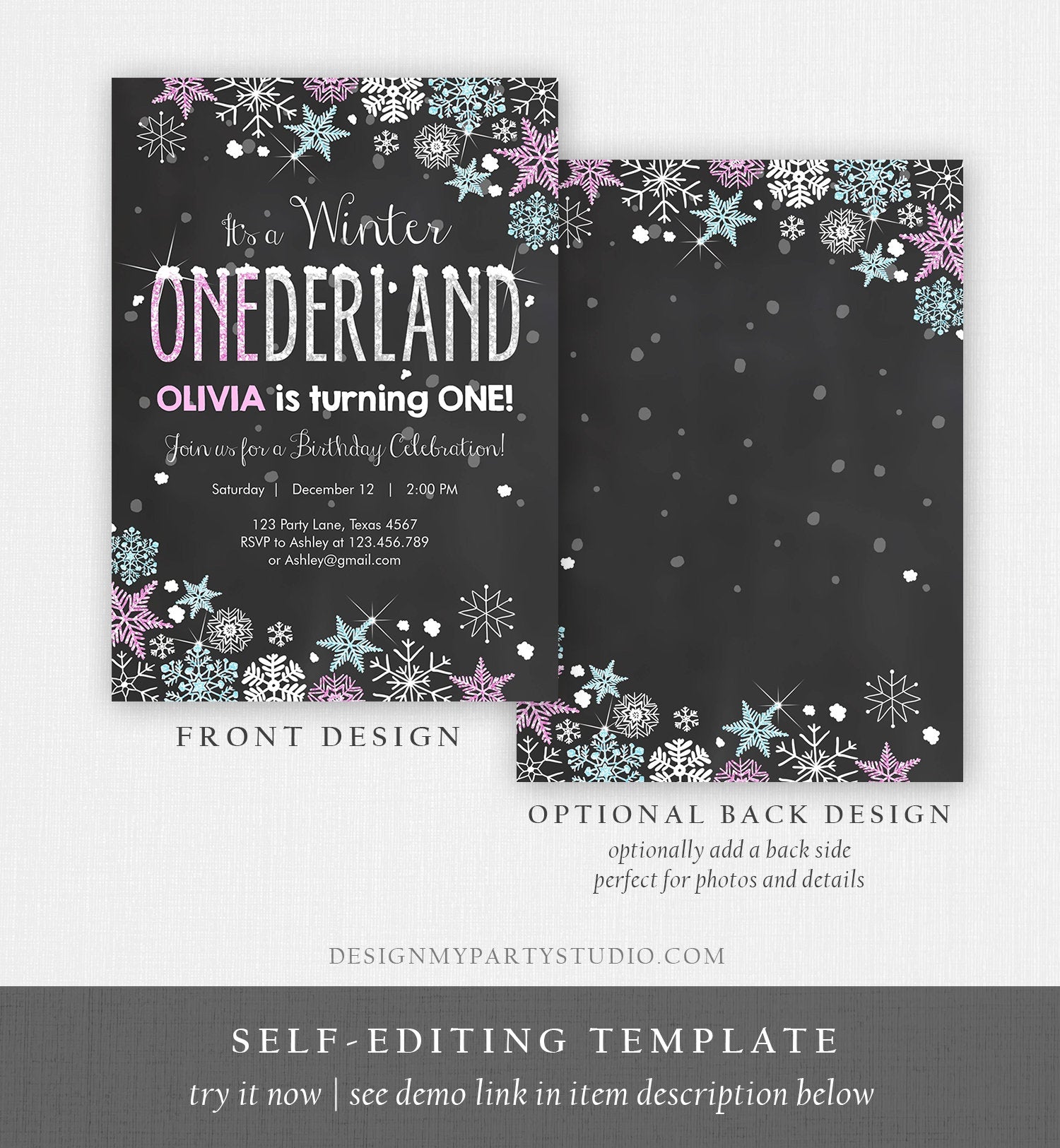 Editable Winter ONEderland Birthday Invitation Pink Girl First Birthday 1st Winter Little Snowflake Mint Blue Corjl Template Printable 0033