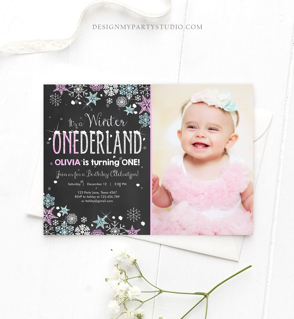 Editable Winter ONEderland Birthday Invitation Pink Girl First Birthday 1st Winter Little Snowflake Mint Blue Corjl Template Printable 0033
