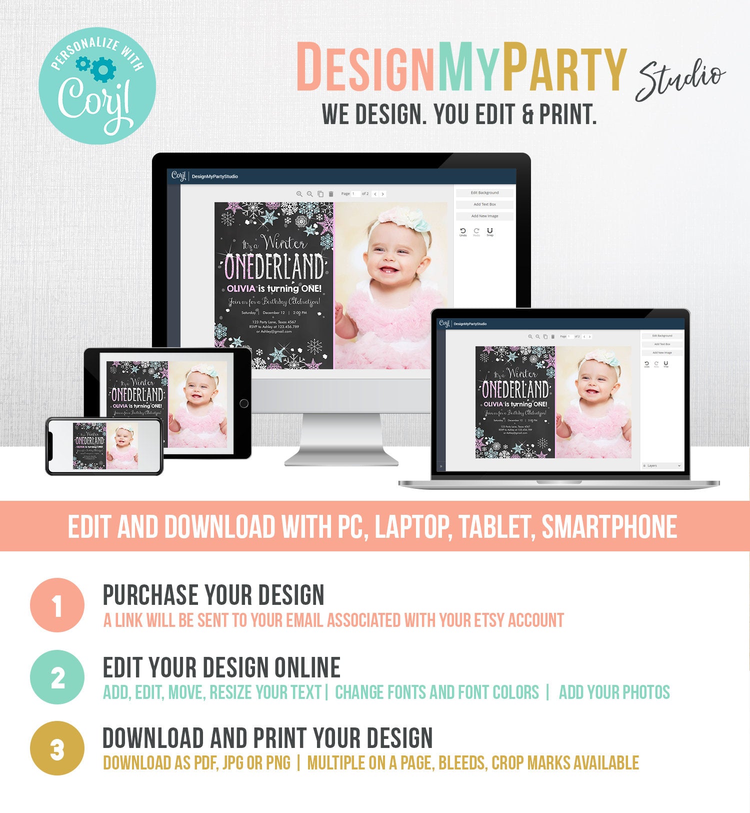 Editable Winter ONEderland Birthday Invitation Pink Girl First Birthday 1st Winter Little Snowflake Mint Blue Corjl Template Printable 0033