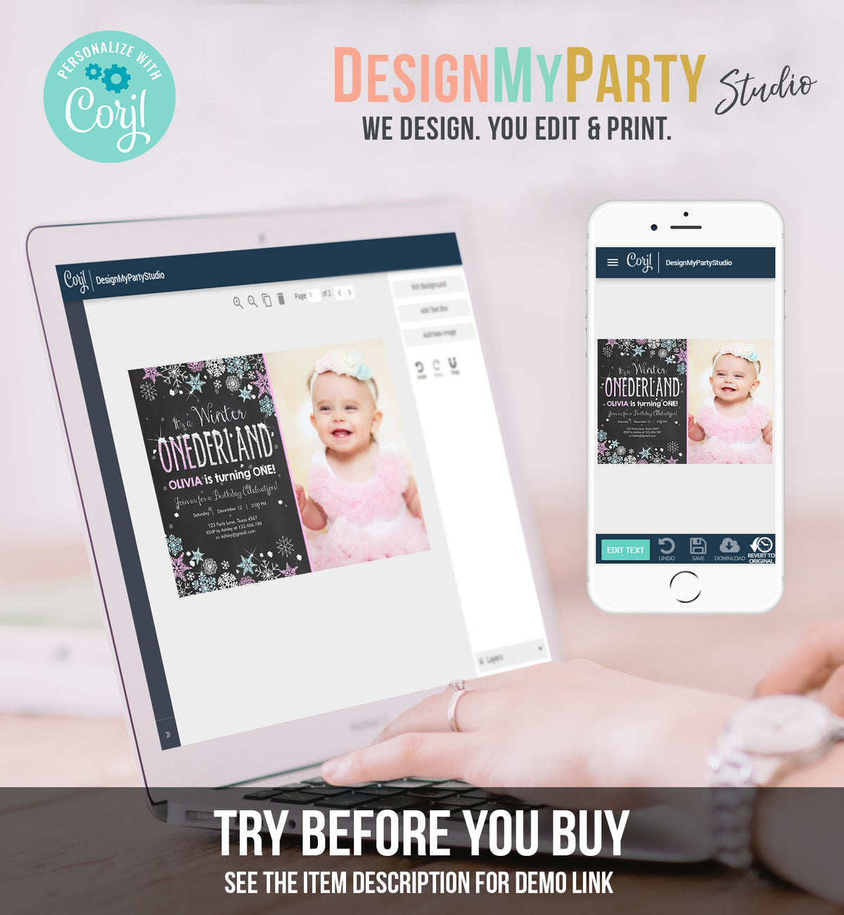 Editable Winter ONEderland Birthday Invitation Pink Girl First Birthday 1st Winter Little Snowflake Mint Blue Corjl Template Printable 0033