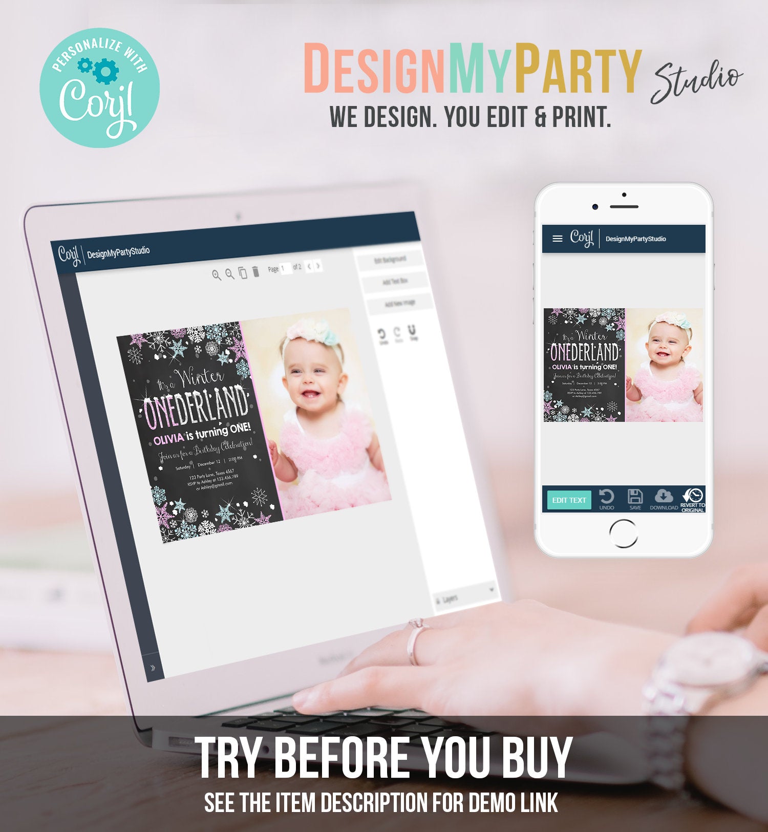 Editable Winter ONEderland Birthday Invitation Pink Girl First Birthday 1st Winter Little Snowflake Mint Blue Corjl Template Printable 0033