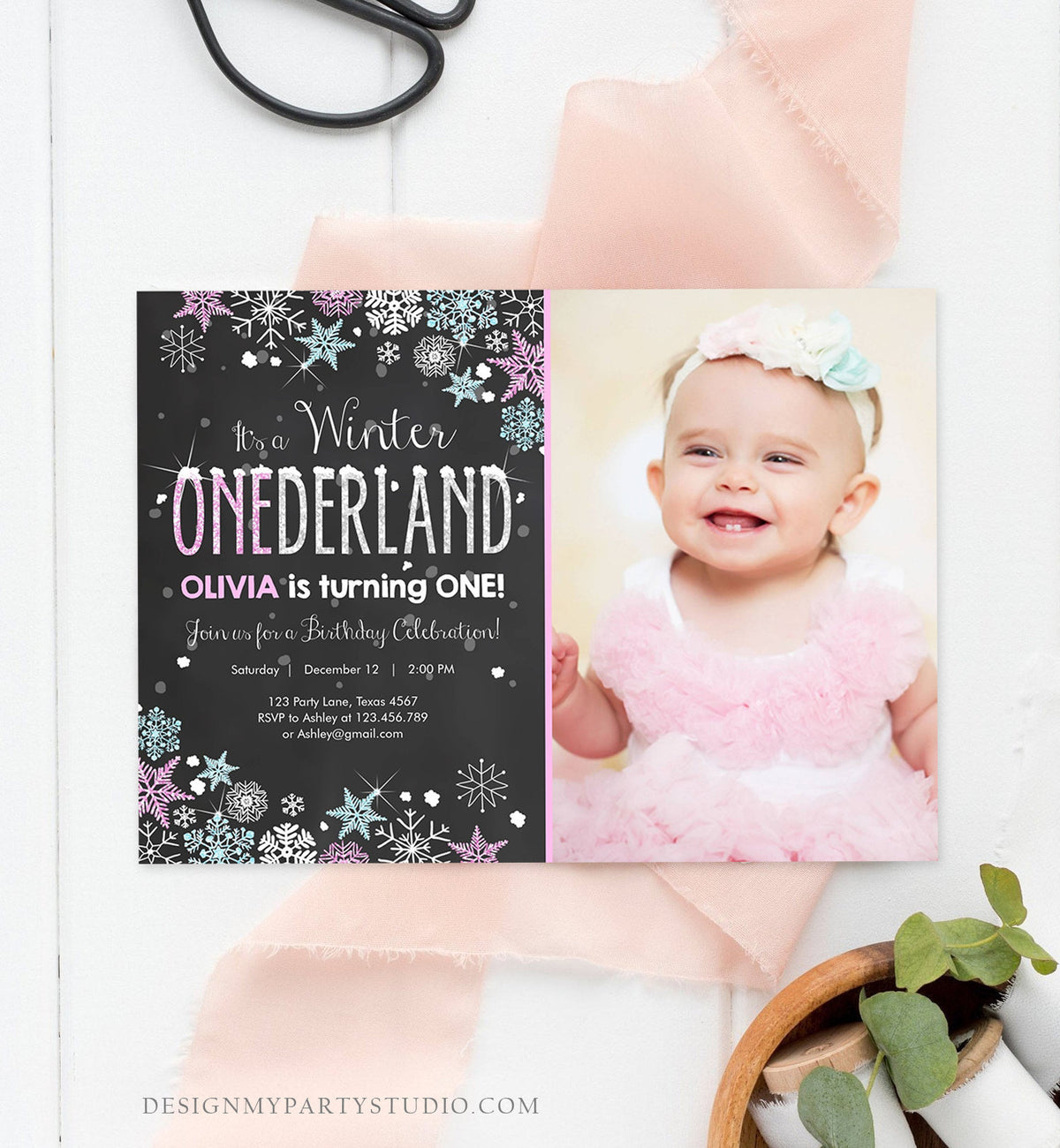 Editable Winter ONEderland Birthday Invitation Pink Girl First Birthday 1st Winter Little Snowflake Mint Blue Corjl Template Printable 0033