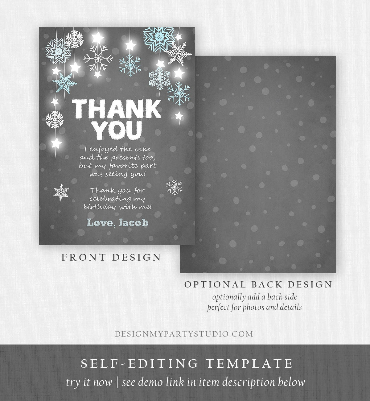 Editable Winter ONEderland Thank You Card First Birthday Boy Stars Wonderland Stars Blue Instant Download Corjl Template Printable 0057