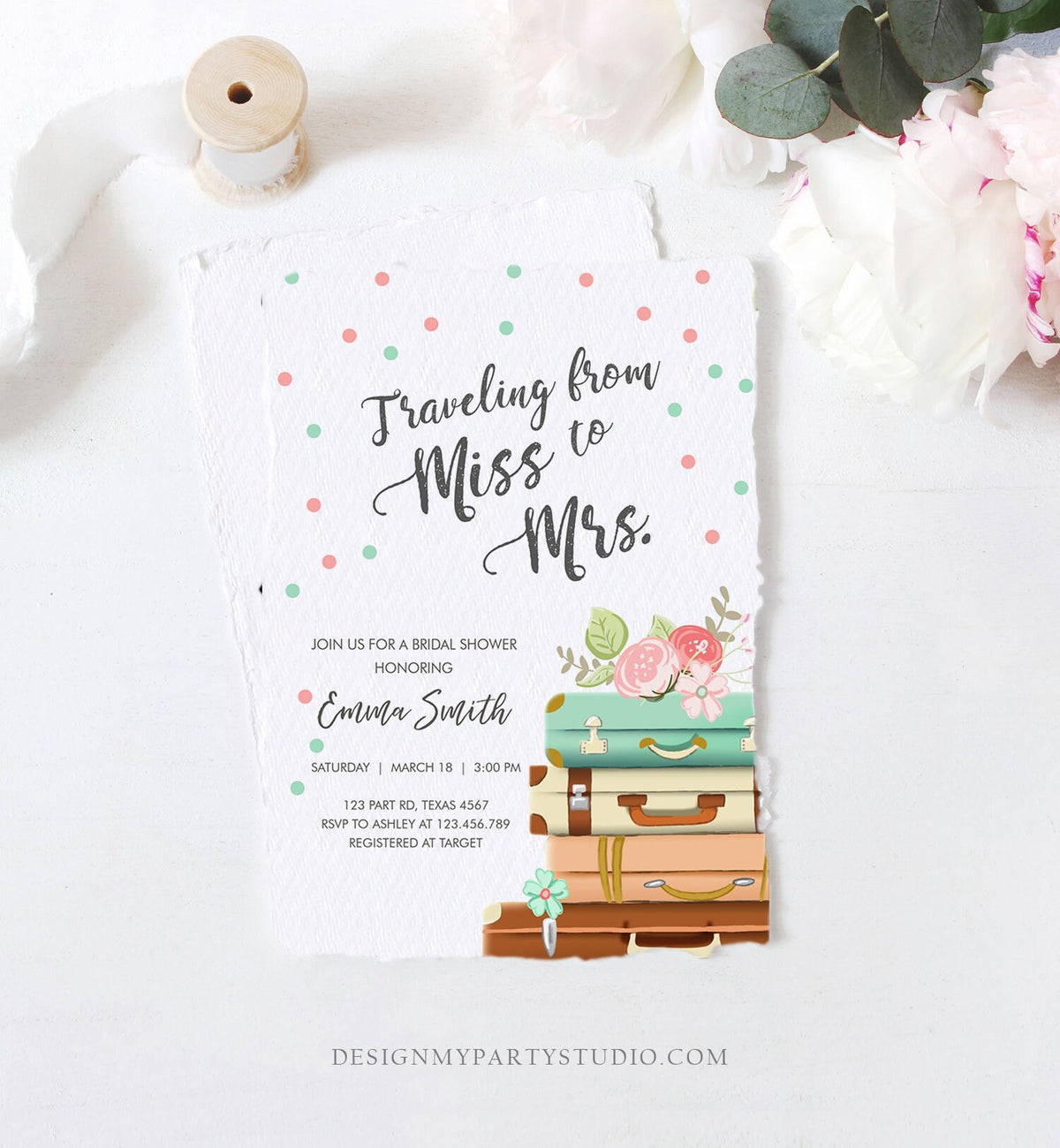 Editable Miss to Mrs Bridal Shower Invitation Traveling From World Map Suitcase Vintage Adventure Digital Corjl Template Printable 0044