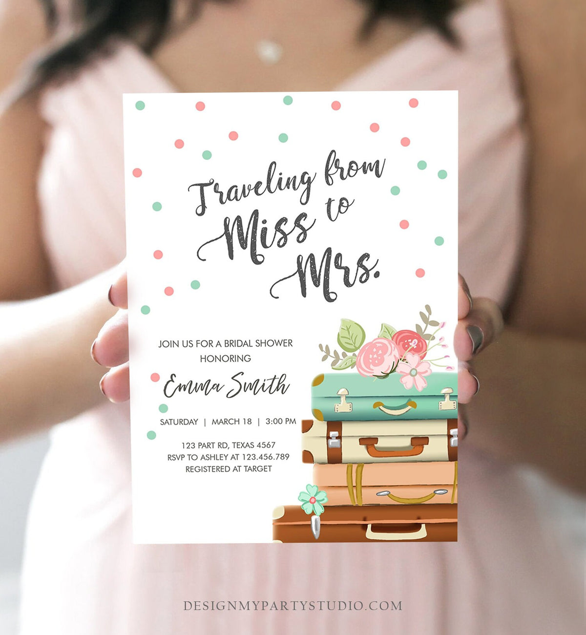 Editable Miss to Mrs Bridal Shower Invitation Traveling From World Map Suitcase Vintage Adventure Digital Corjl Template Printable 0044
