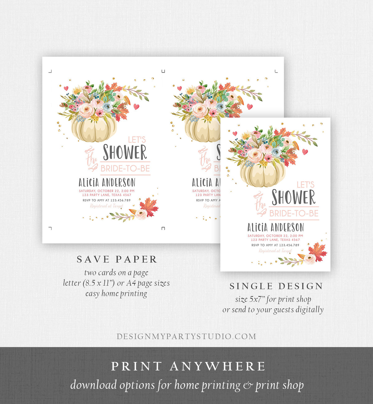 Editable Pumpkin Bridal Shower Invitation Burgundy Autumn Rustic Gold Navy Orange Floral Fall in Love Printable Corjl Template 0178