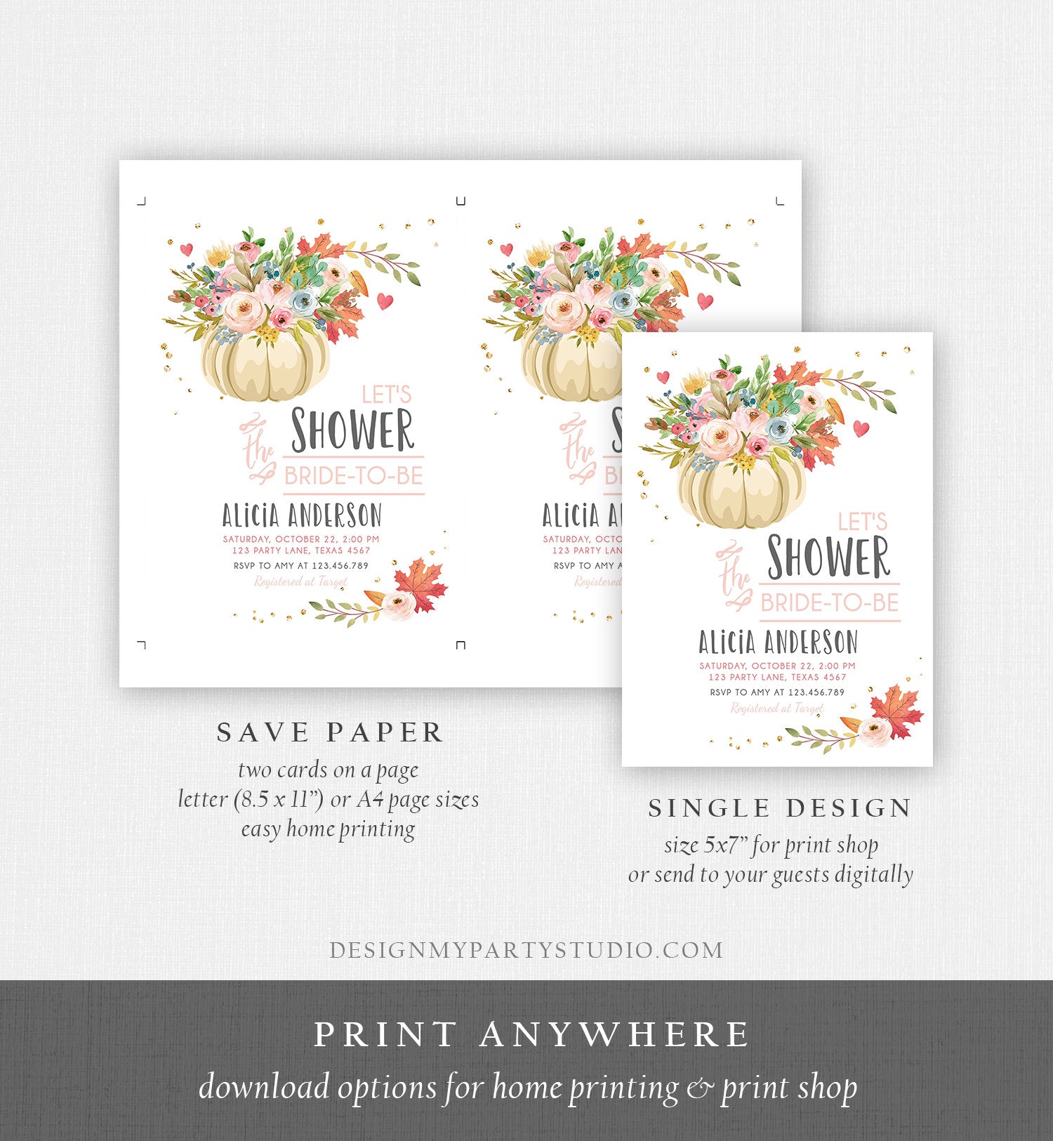 Editable Pumpkin Bridal Shower Invitation Burgundy Autumn Rustic Gold Navy Orange Floral Fall in Love Printable Corjl Template 0178