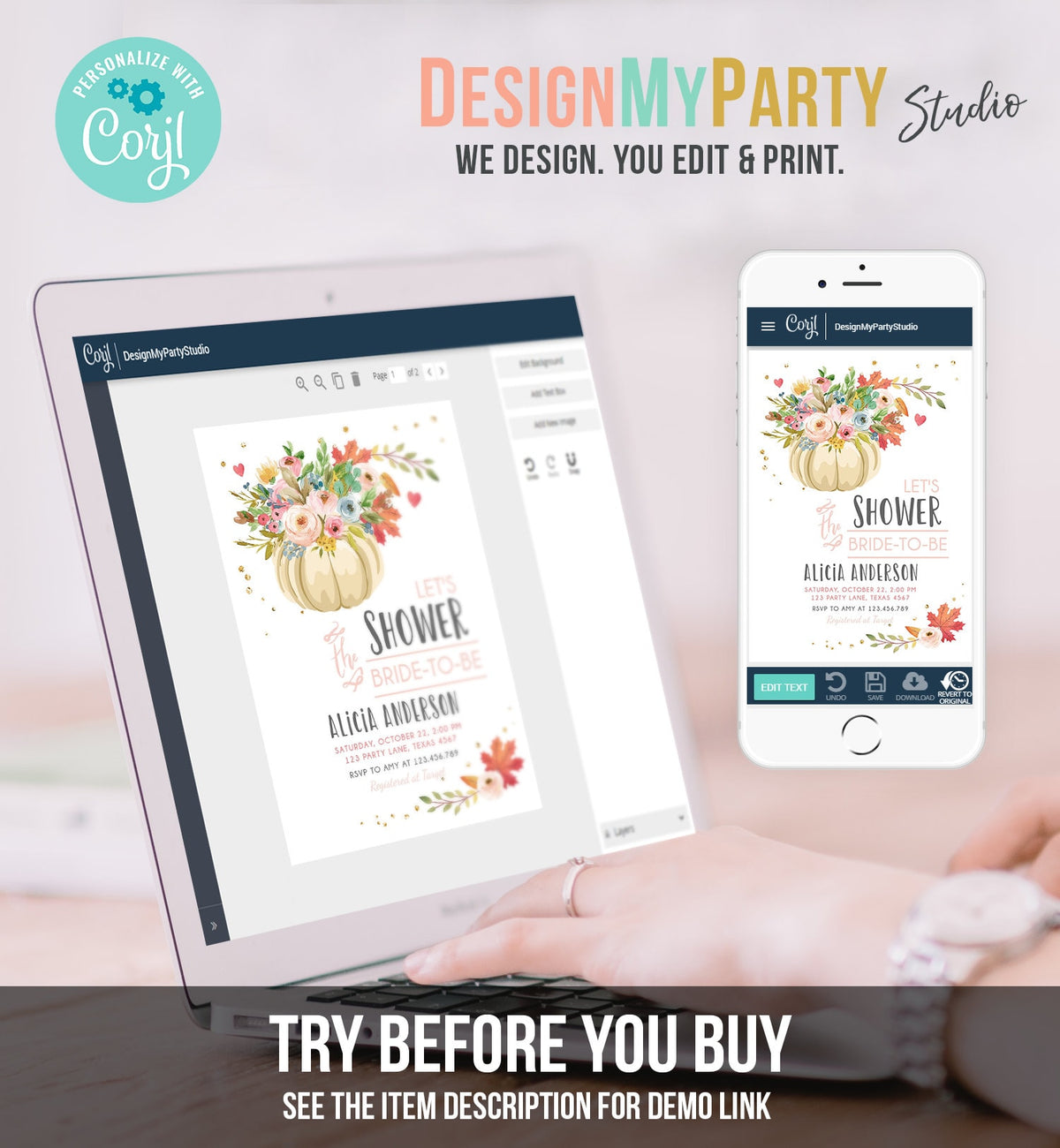 Editable Pumpkin Bridal Shower Invitation Burgundy Autumn Rustic Gold Navy Orange Floral Fall in Love Printable Corjl Template 0178