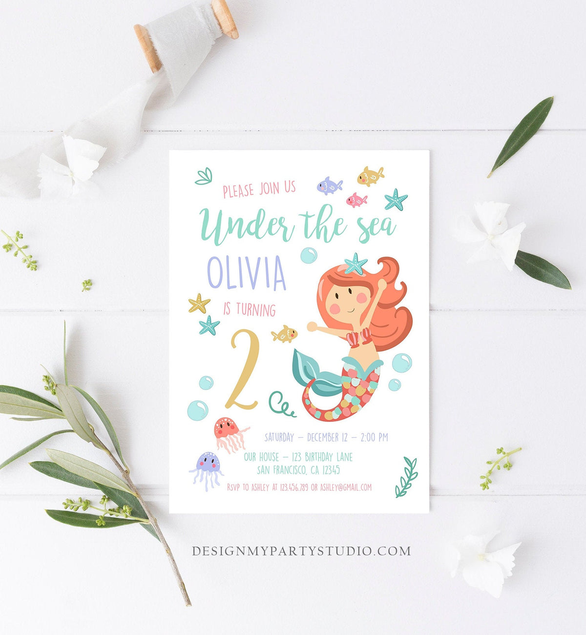 Editable Little Mermaid Birthday Invitation Girl First Birthday Under The Sea Coral Starfish Instant Download Corjl Template Printable 0124