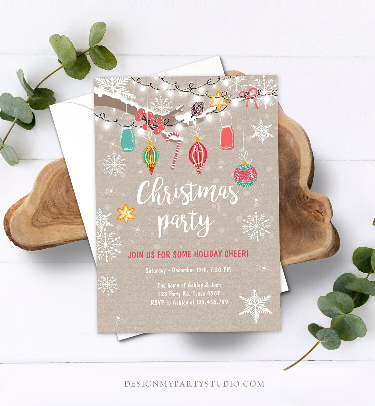 Editable Christmas Holiday Party Invitation Winter Cookie Party Lights Snow Christmas Decorations Gingerbread Corjl Template Printable