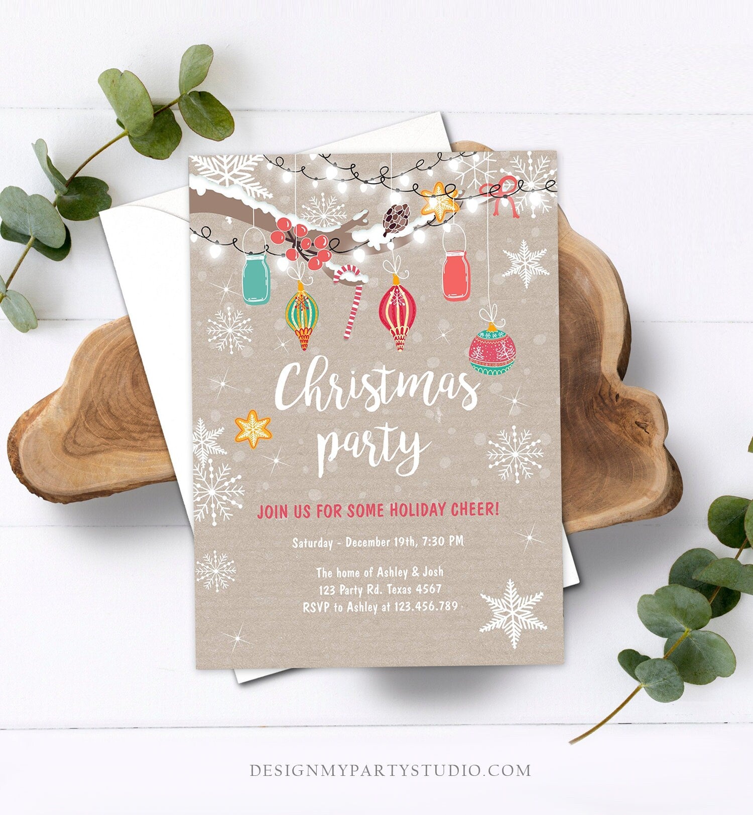 Editable Christmas Holiday Party Invitation Winter Cookie Party Lights Snow Christmas Decorations Gingerbread Corjl Template Printable