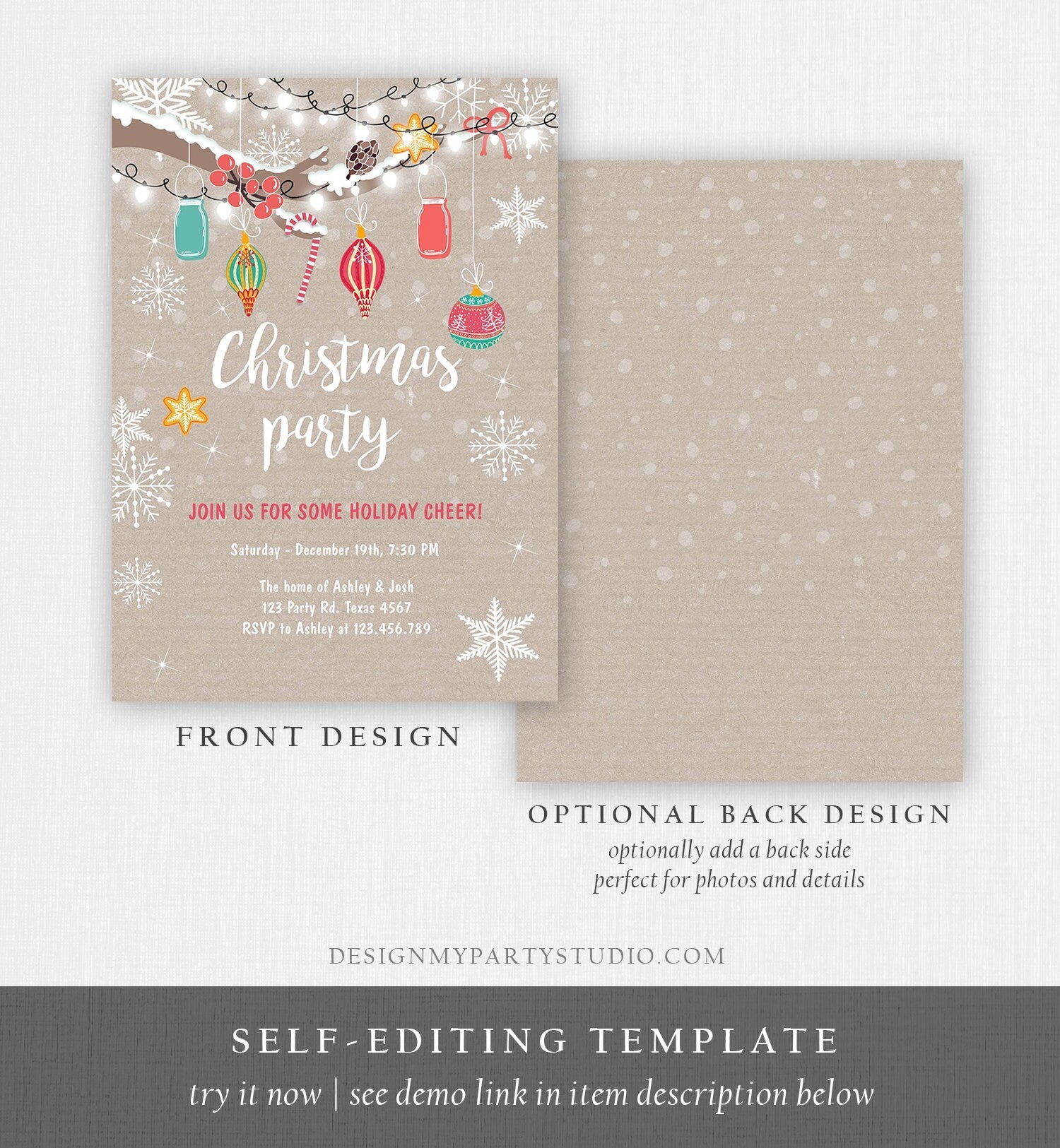 Editable Christmas Holiday Party Invitation Winter Cookie Party Lights Snow Christmas Decorations Gingerbread Corjl Template Printable