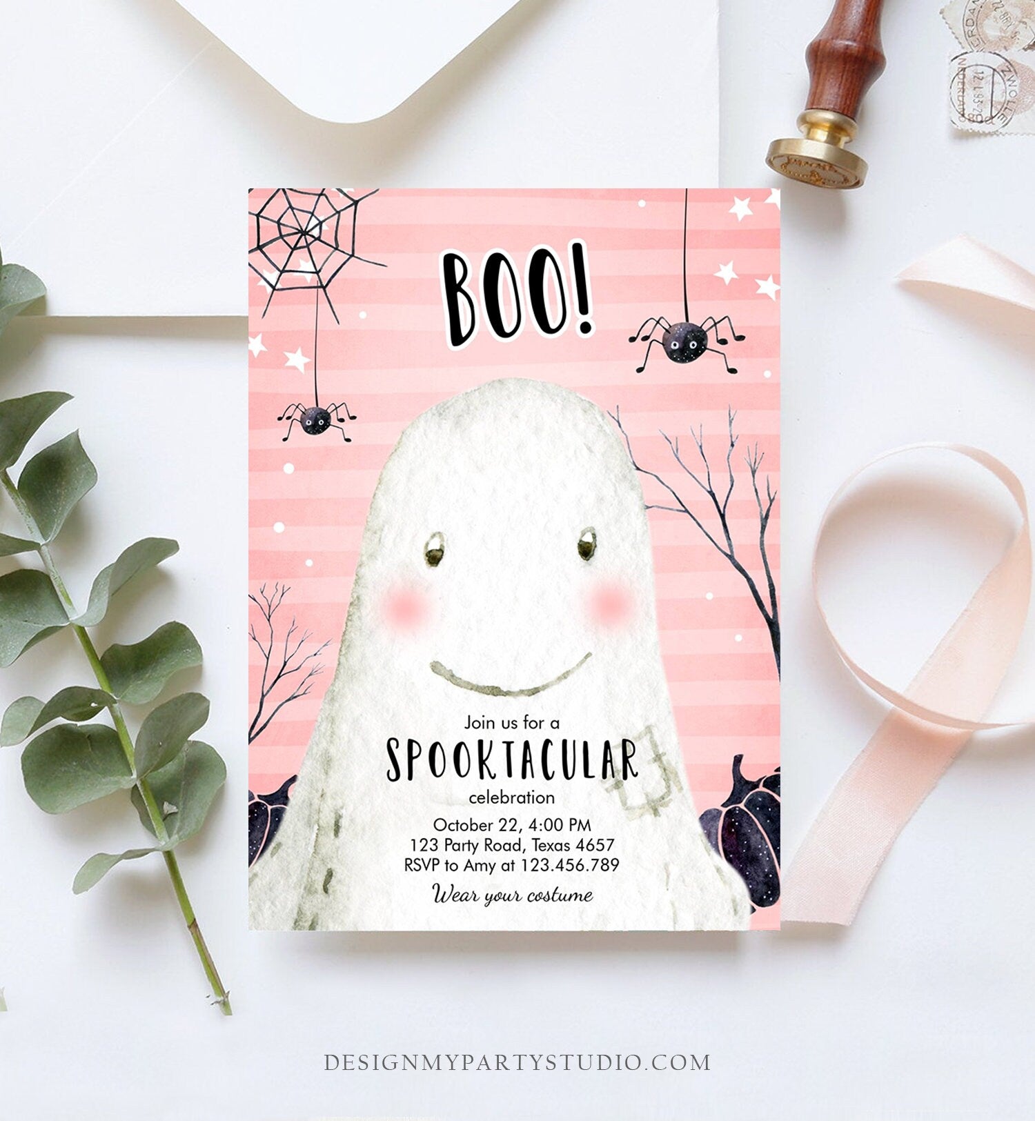 Editable Halloween Birthday Invitation Costume Party Girl Pink Kids Boo Bash Kids Halloween Download Printable Template Corjl 0315